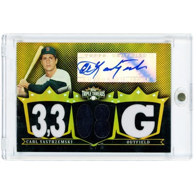 Carl Yastrzemski Boston Red Sox Autographed 2007 Topps Triple Threads Multi Game Used Relic Gold #TTRA-69 #6/9 Card