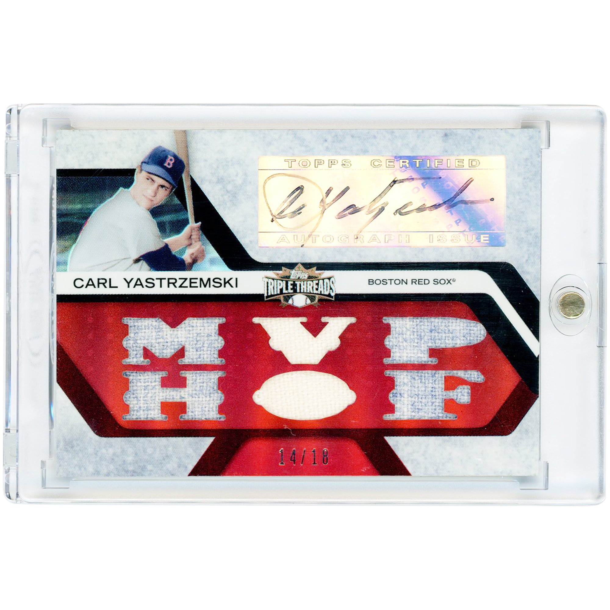 Carte autographiée Carl Yastrzemski des Red Sox de Boston, collection Topps Triple Threads 6-Jersey Dual-Color Relics 2008, n° TTAR-56, n° 14/18