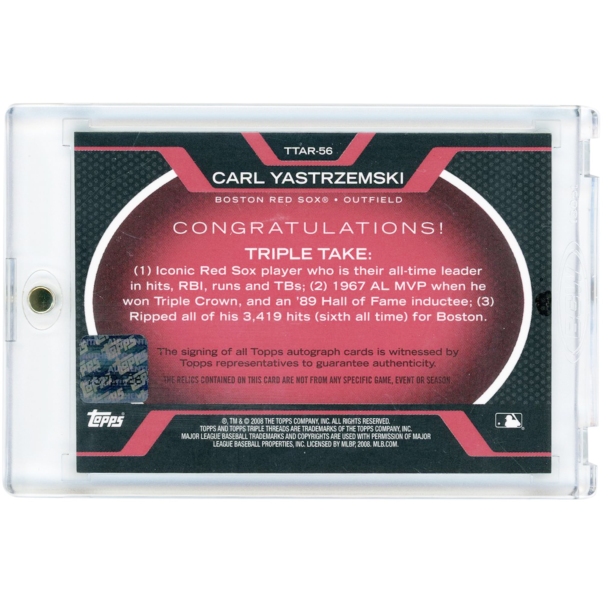 Carte autographiée Carl Yastrzemski des Red Sox de Boston, collection Topps Triple Threads 6-Jersey Dual-Color Relics 2008, n° TTAR-56, n° 14/18
