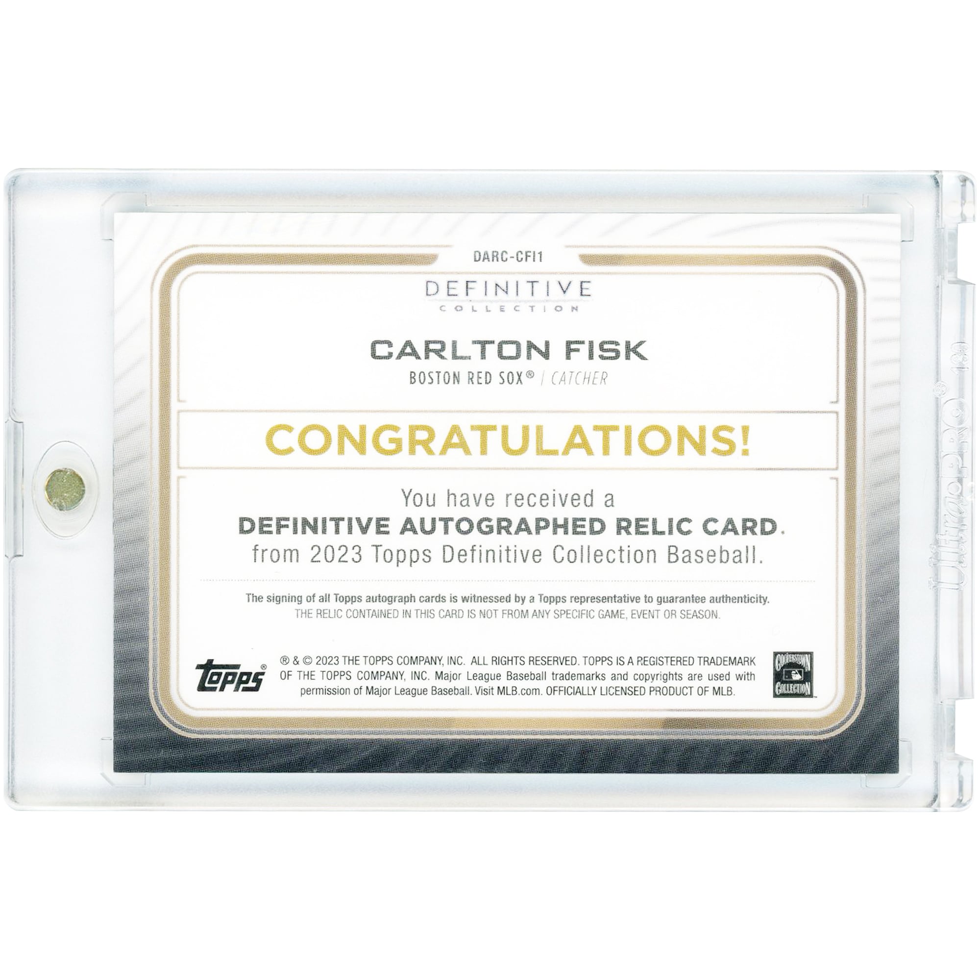 Carlton Fisk Boston Red Sox Autographed 2023 Topps Definitive Collection Game Used Bat Relic #DARC-CF11 #29/40 Card