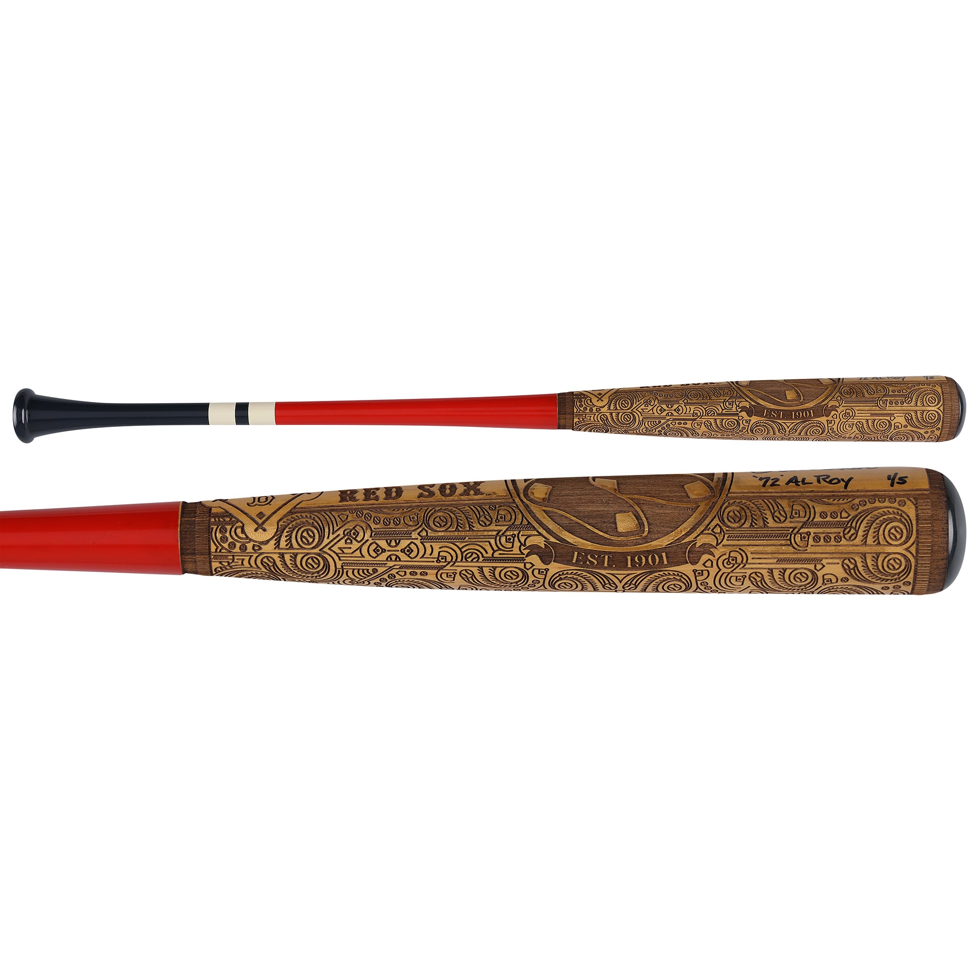 Bâton de baseball autographié par Carlton Fisk (Red Sox de Boston), série Pillbox Bat Company Mural, avec inscription « 72 AL ROY