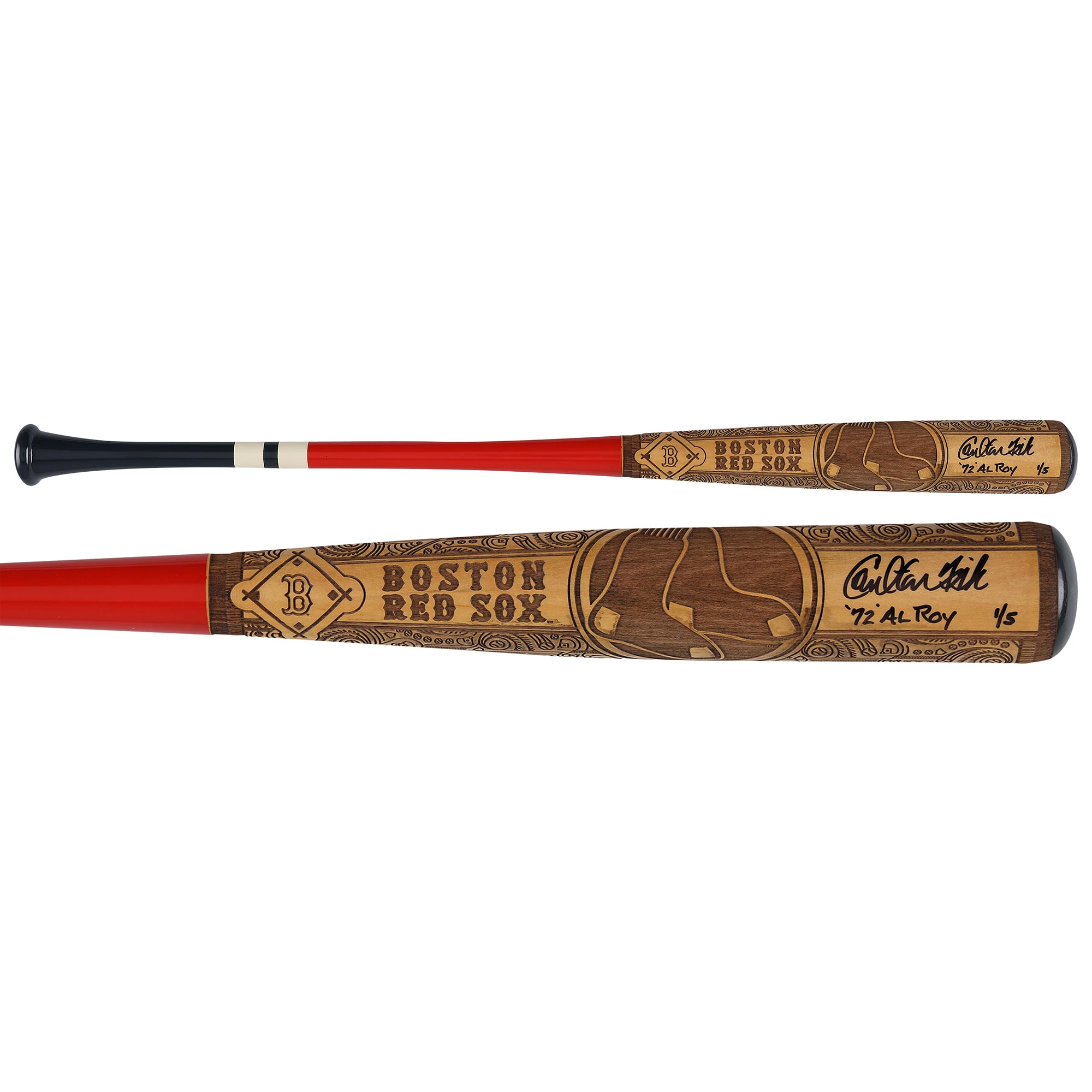 Bâton de baseball autographié par Carlton Fisk (Red Sox de Boston), série Pillbox Bat Company Mural, avec inscription « 72 AL ROY