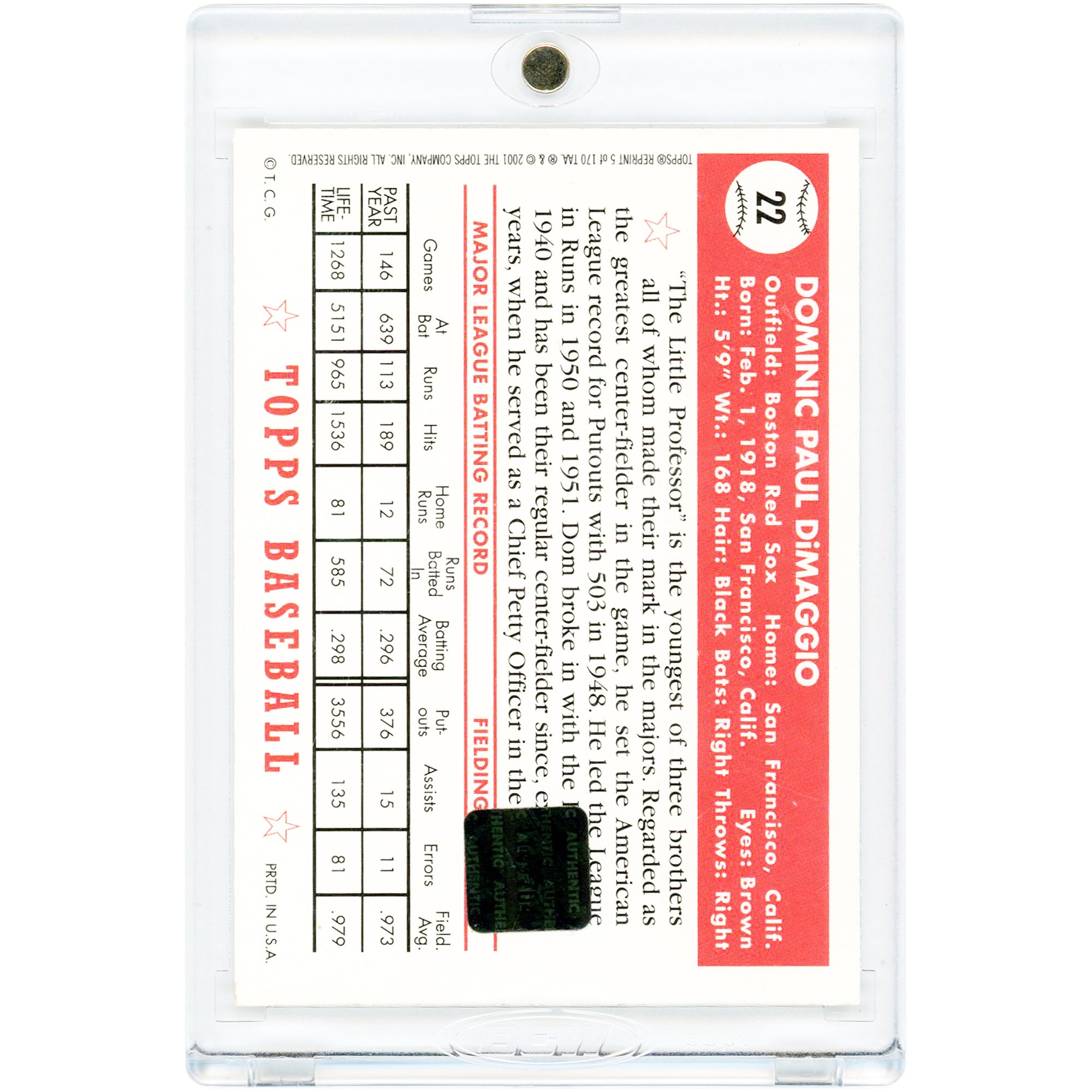 Carte autographiée Dom DiMaggio des Red Sox de Boston, collection Topps Archives 2001, design Topps 1952, n° 22