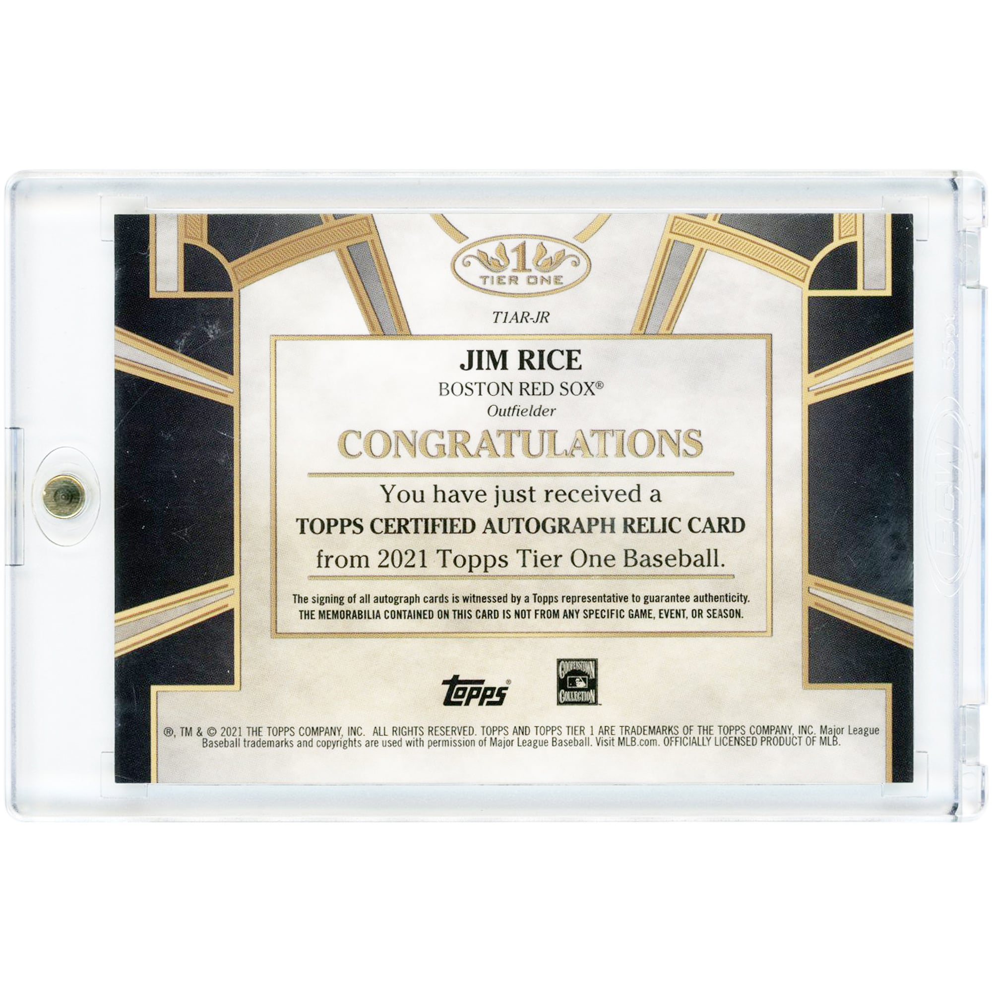Carte autographiée de Jim Rice (Red Sox de Boston) 2021 Topps Tier One Game Used Bat Relic #T1AR-JR #53/100