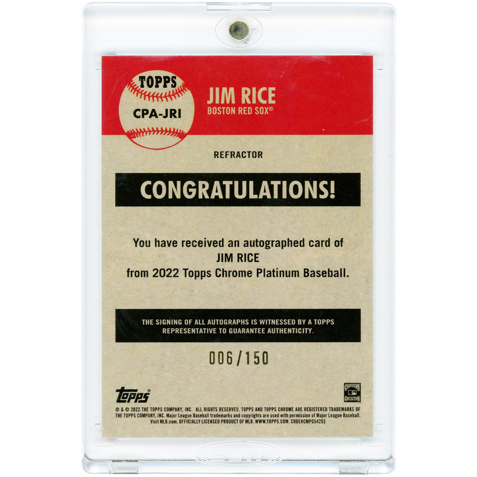 Jim Rice Boston Red Sox Autographed 2022 Topps Chrome Platinum Teal Refractor #CPA-JRI #6/150 Card