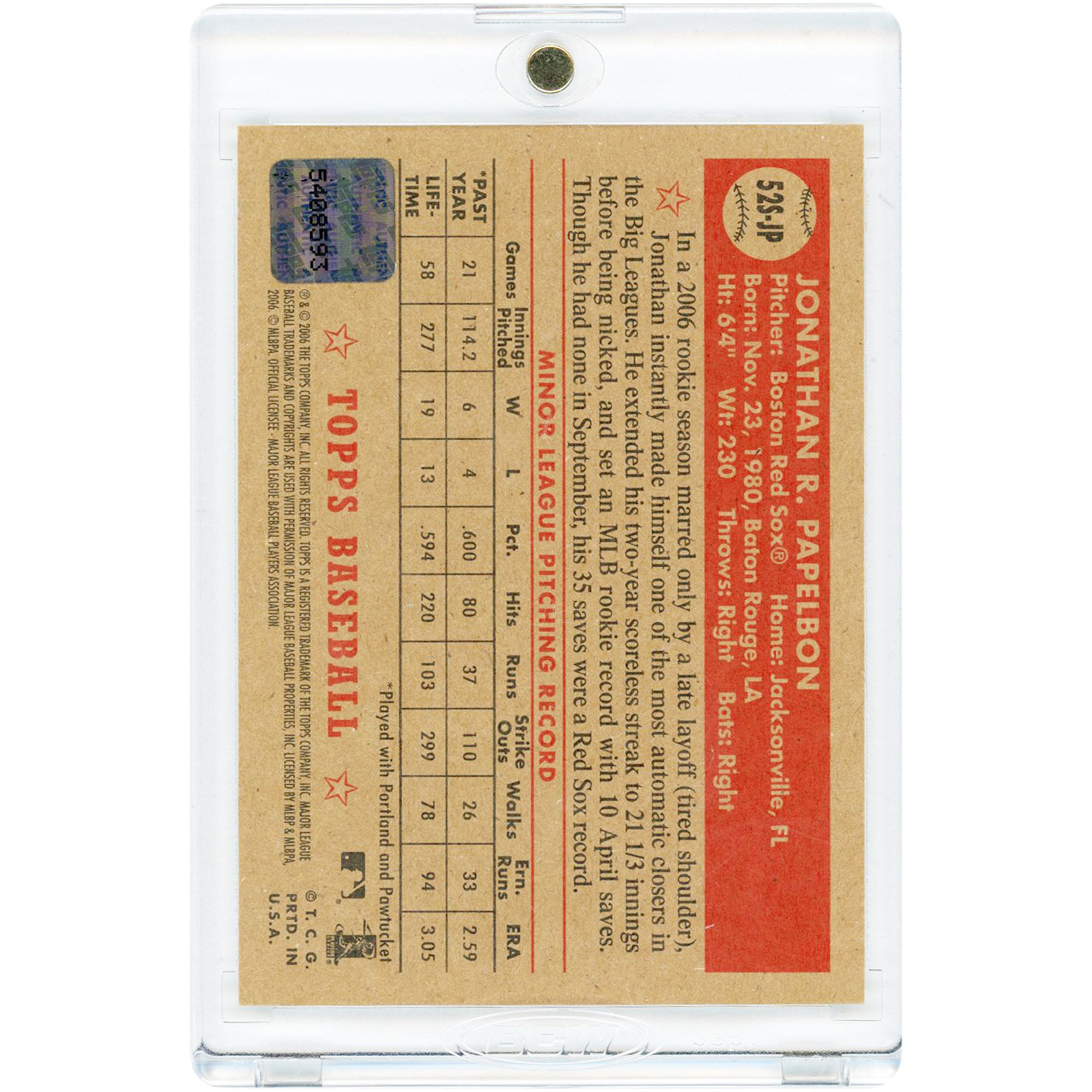 Carte de recrue autographiée de Jonathan Papelbon (Red Sox de Boston), collection Topps 1952 Design Rookies Signatures, n° 52S-JP, 2005