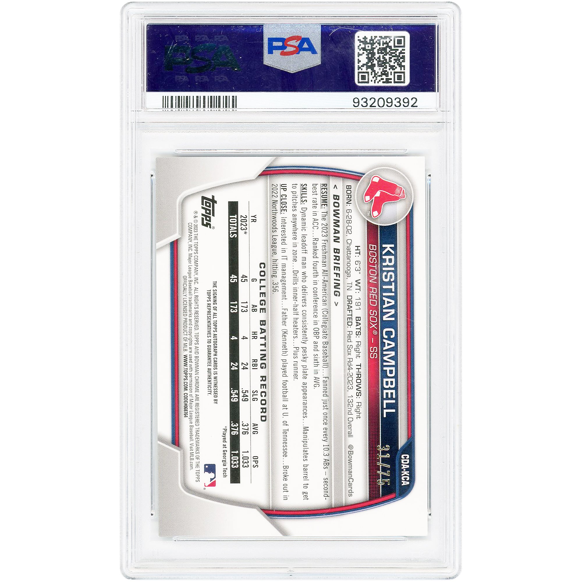 Kristian Campbell Boston Red Sox Autographed 2023 Bowman Draft Chrome Black Refractor #CDA-KCA #31/75 PSA Authenticated 9 Card
