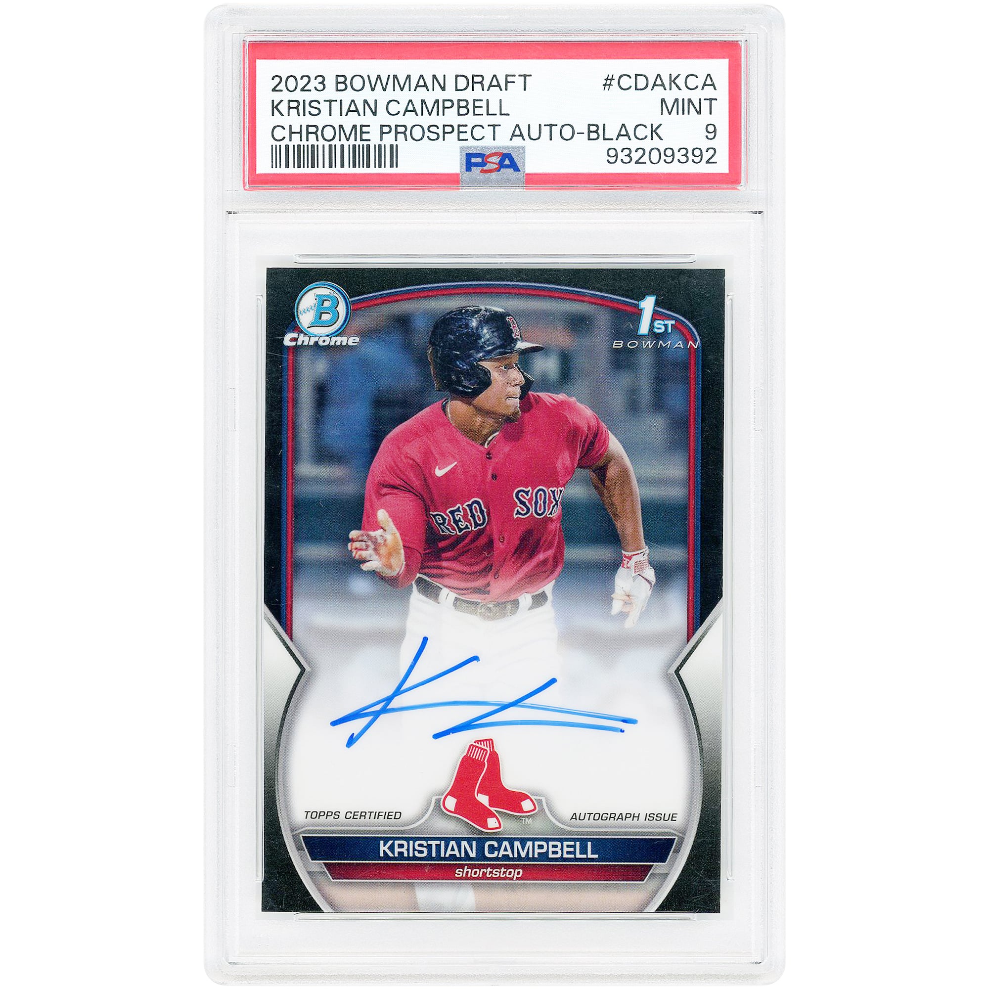 Kristian Campbell Boston Red Sox Autographed 2023 Bowman Draft Chrome Black Refractor #CDA-KCA #31/75 PSA Authenticated 9 Card
