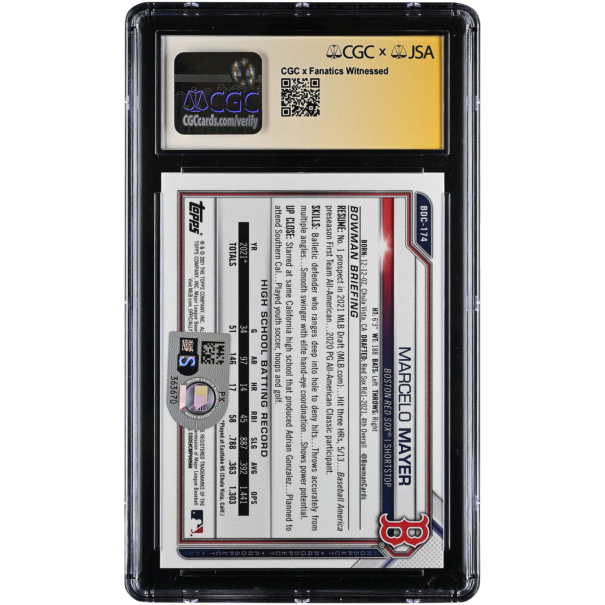 Carte autographiée par Marcelo Mayer des Red Sox de Boston, Bowman Draft Chrome 2021 #BDC-174, authentifiée CGC 9/10