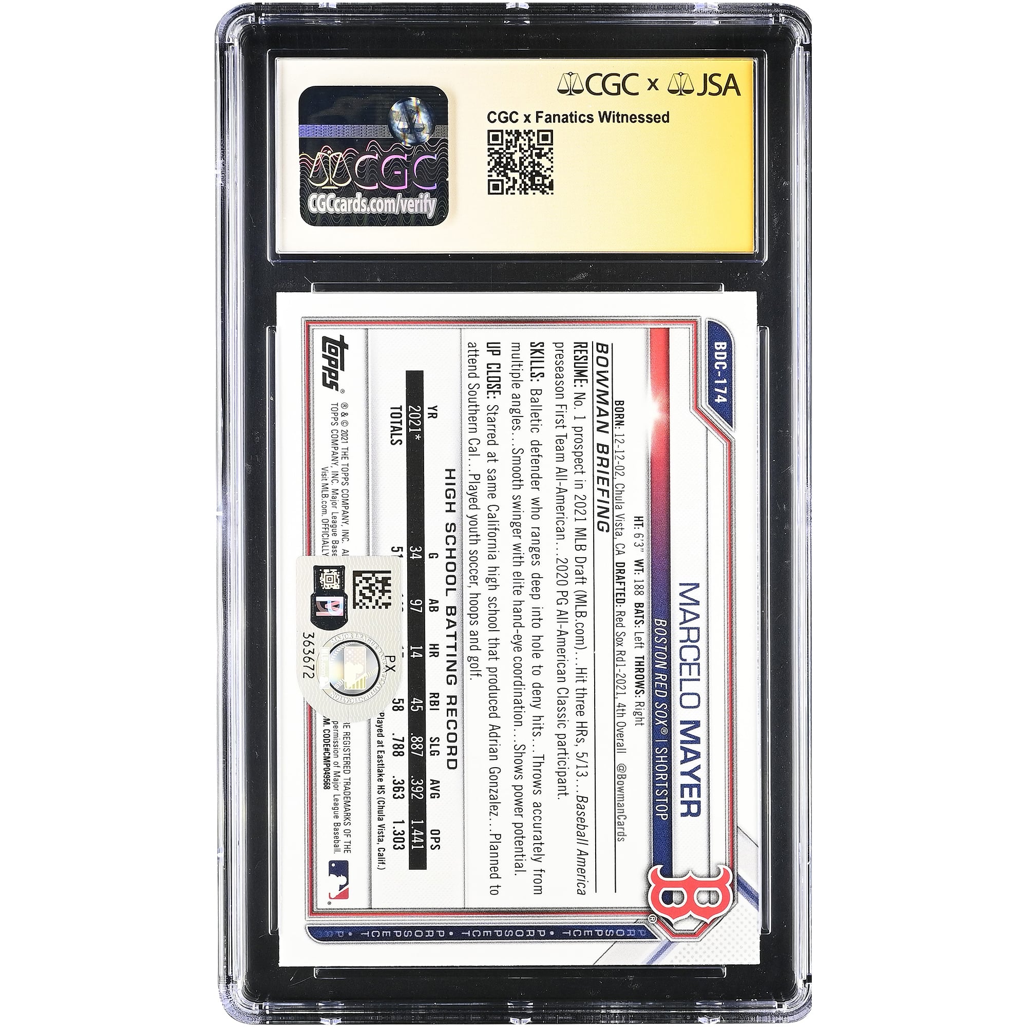 Marcelo Mayer Boston Red Sox Autographed 2021 Bowman Draft Chrome #BDC-174 CGC Authenticated / Card