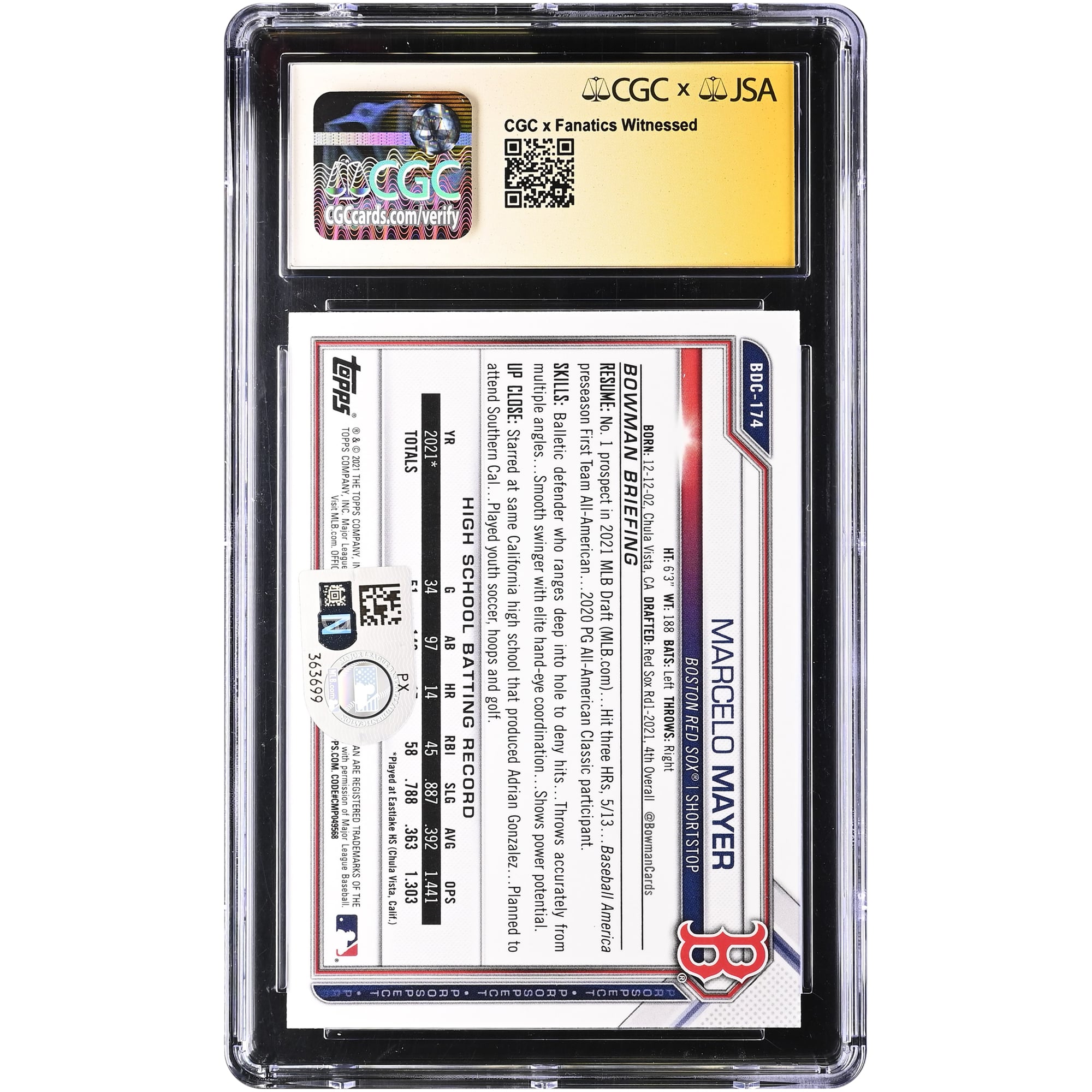 Marcelo Mayer Boston Red Sox Autographed 2021 Bowman Draft Chrome #BDC-174 CGC Authenticated Auto 10 Card