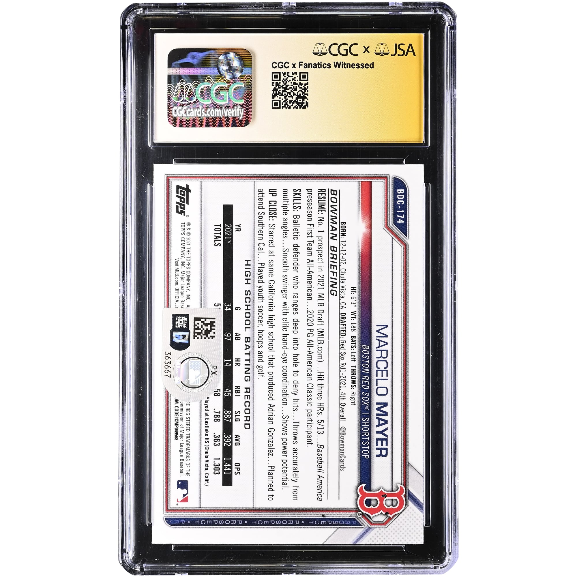 Carte authentifiée CGC #BDC-174 de Marcelo Mayer, Boston Red Sox, autographiée par Bowman Draft Chrome 2021