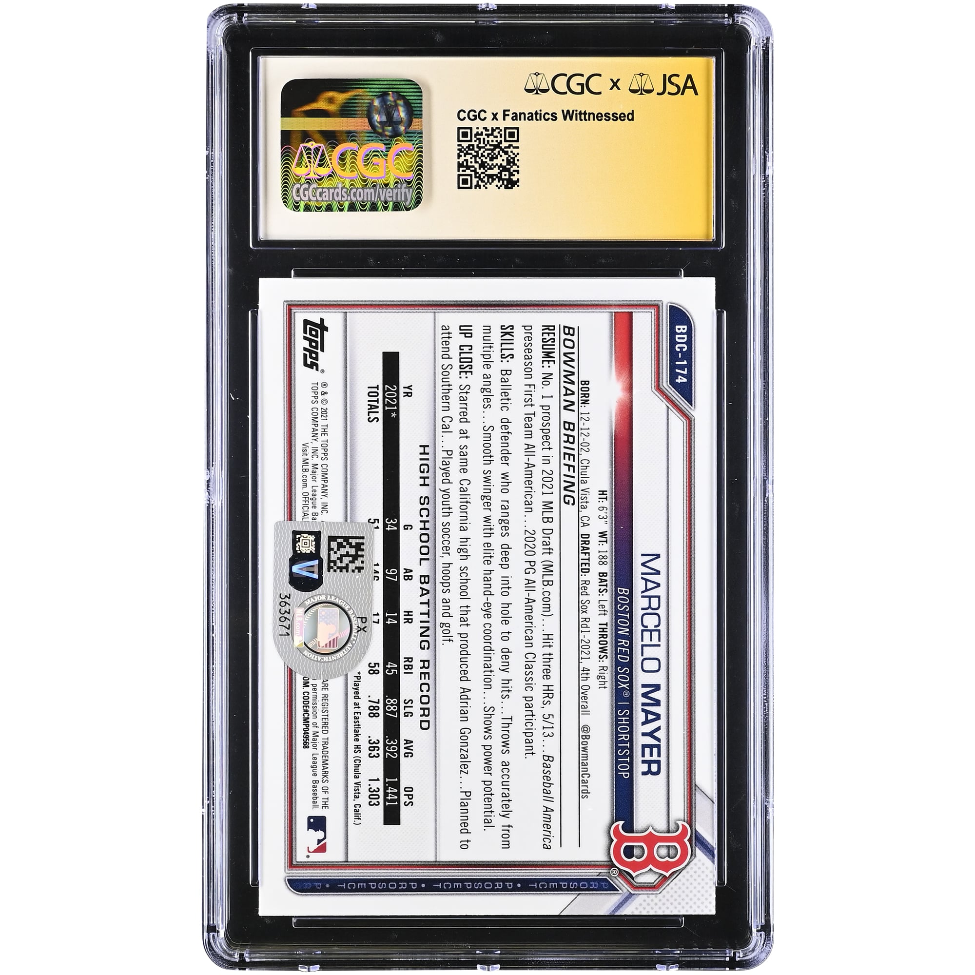 Marcelo Mayer Boston Red Sox Autographed 2021 Bowman Draft Chrome #BDC-174 CGC Authenticated GEM MINT 10 Card