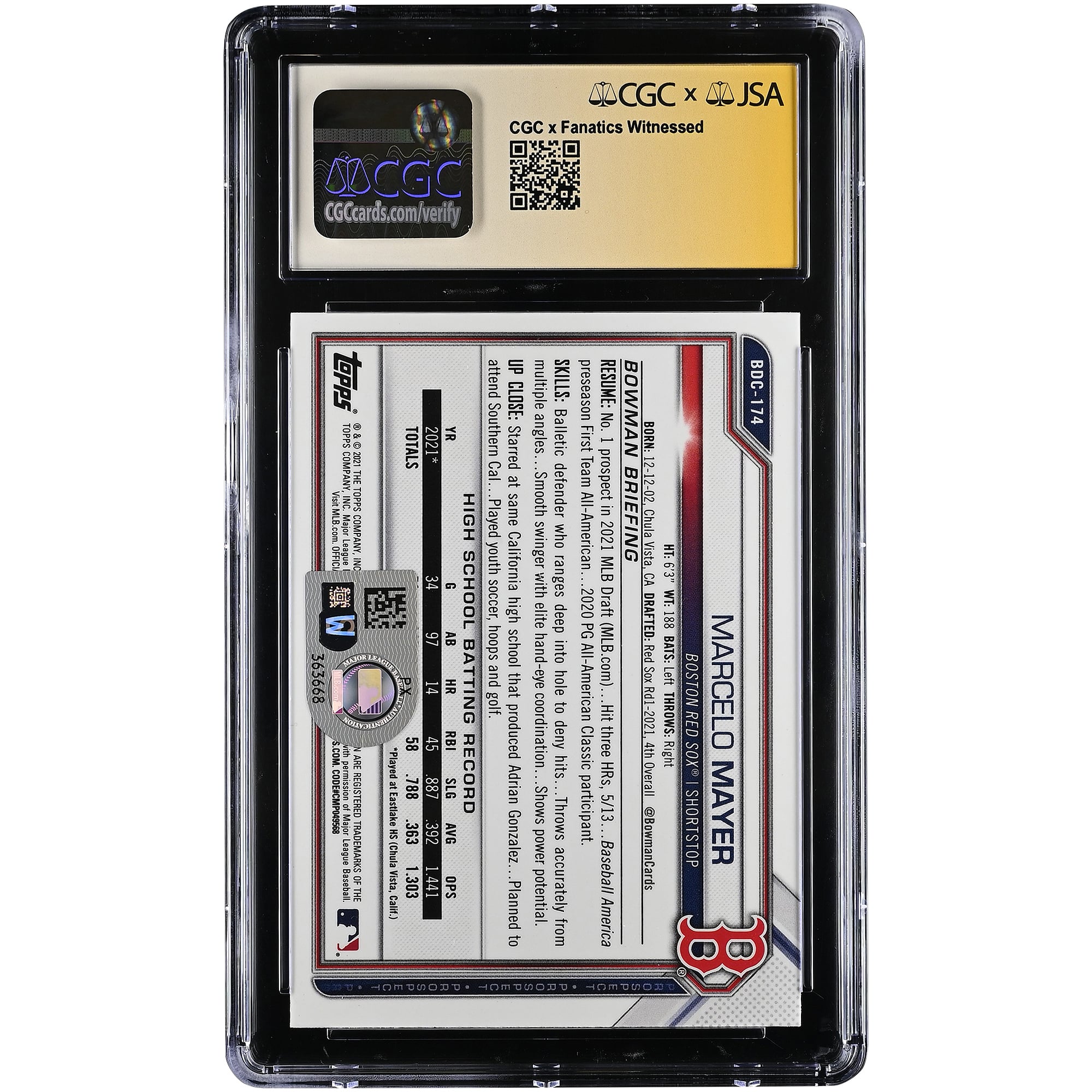 Marcelo Mayer Boston Red Sox Autographed 2021 Bowman Draft Chrome #BDC-174 CGC Authenticated Mint 9 Card