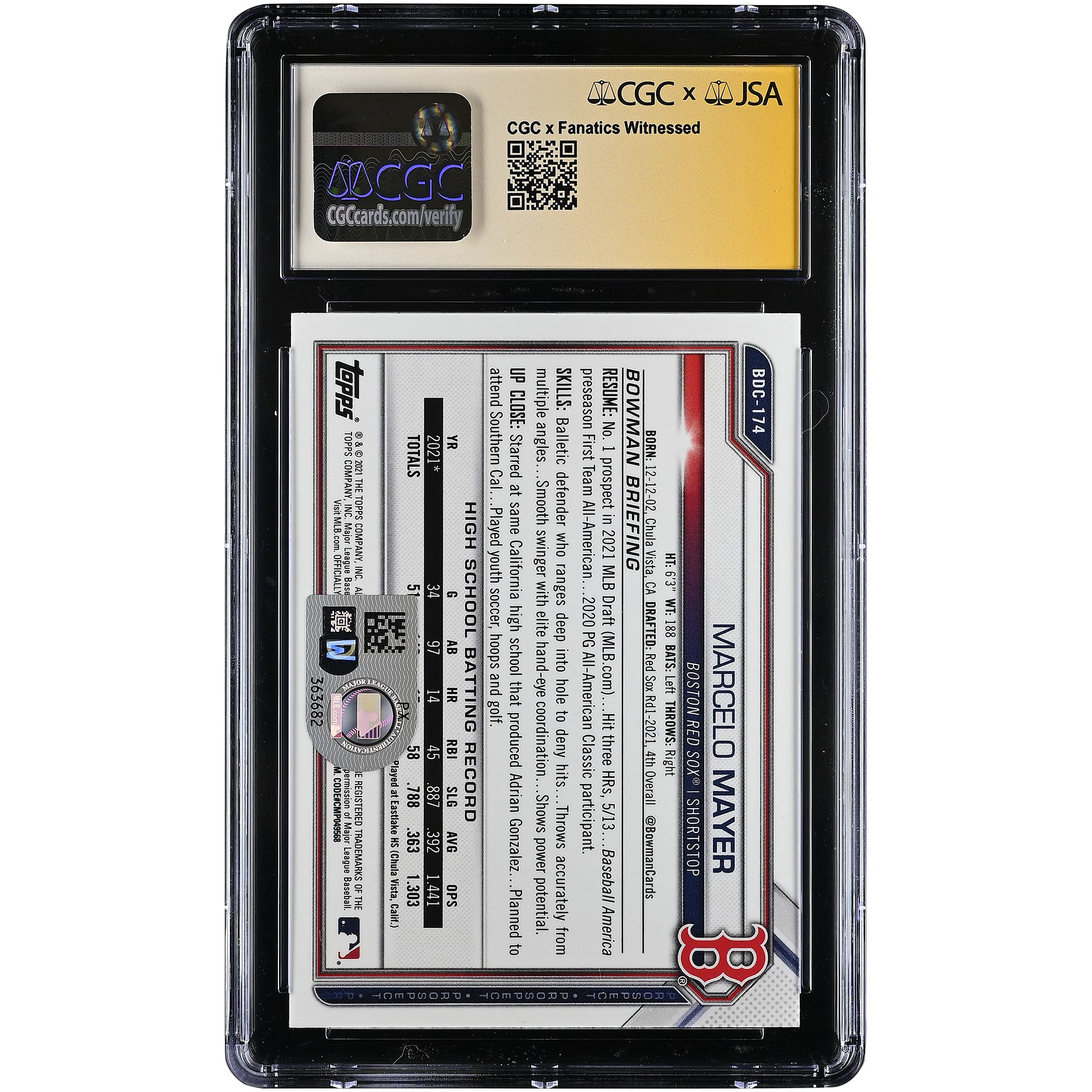 Carte autographiée par Marcelo Mayer des Red Sox de Boston, Bowman Draft Chrome 2021 #BDC-174, authentifiée par CGC, état neuf+ (9,5).