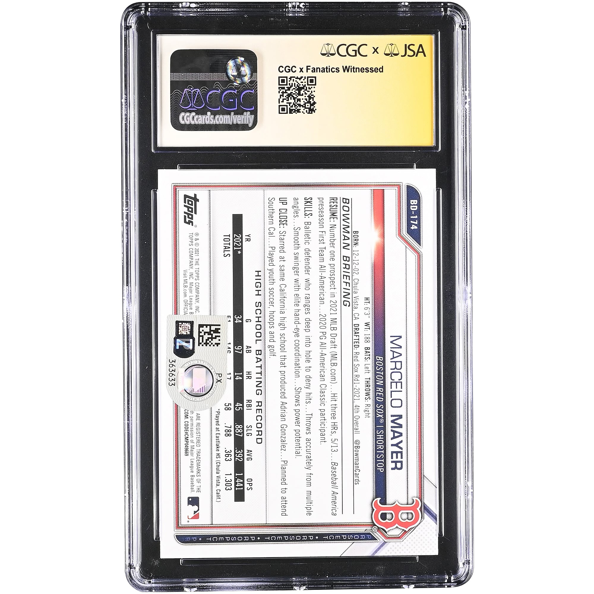 Carte autographiée par Marcelo Mayer des Red Sox de Boston, repêchage Bowman 2021, numéro BD-174, authentifiée CGC 10/10