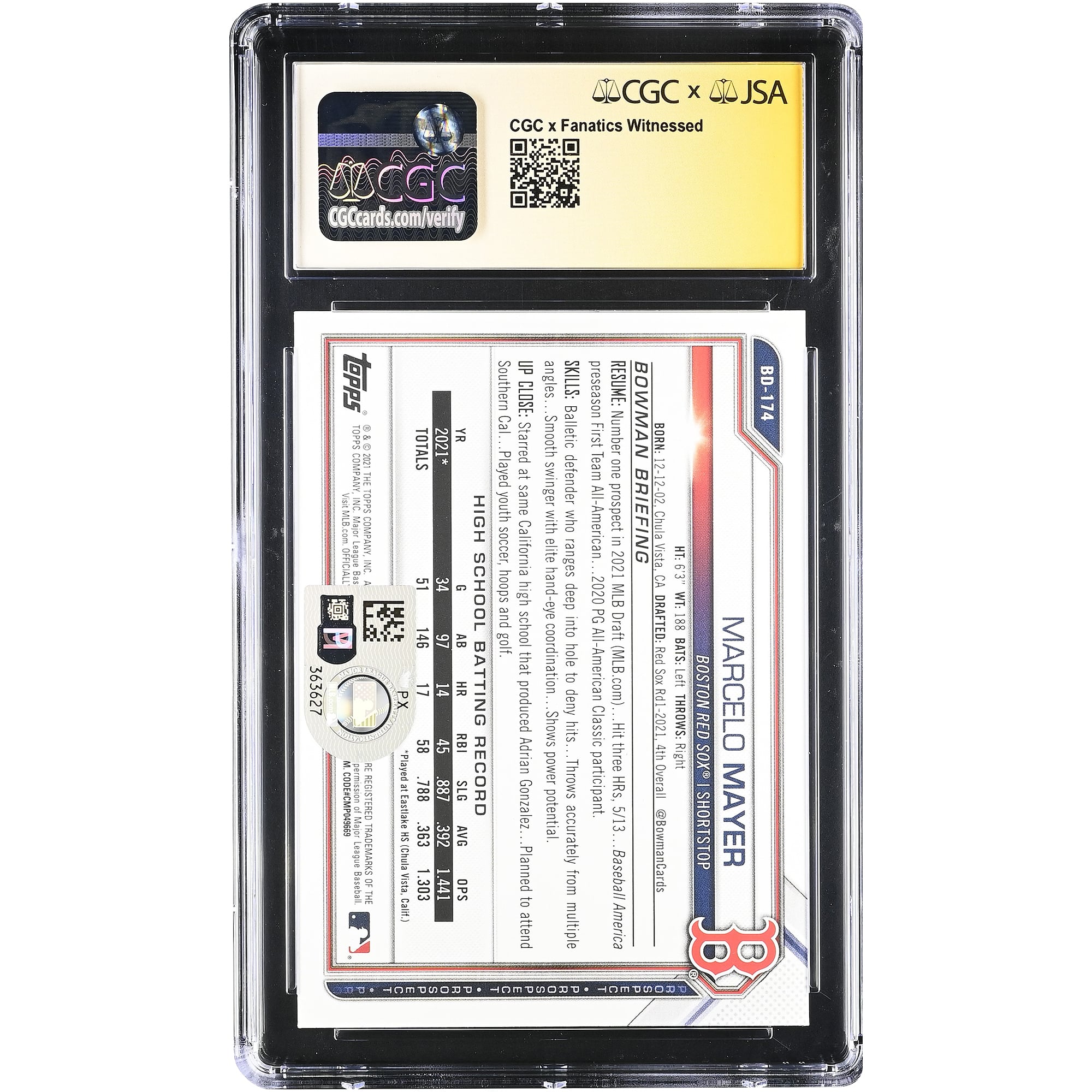 Marcelo Mayer Boston Red Sox Autographed 2021 Bowman Draft #BD-174 CGC Authenticated / Card