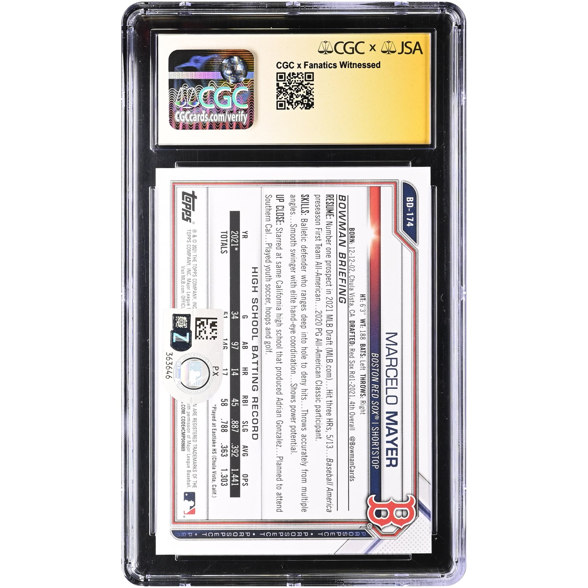 Carte autographiée par Marcelo Mayer des Red Sox de Boston, repêchage Bowman 2021, numéro BD-174