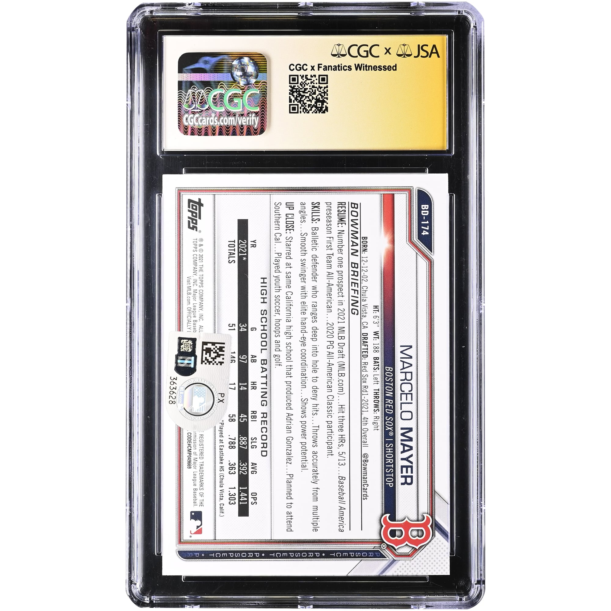 Carte authentifiée CGC 2021 Bowman Draft #BD-174 autographiée par Marcelo Mayer des Red Sox de Boston