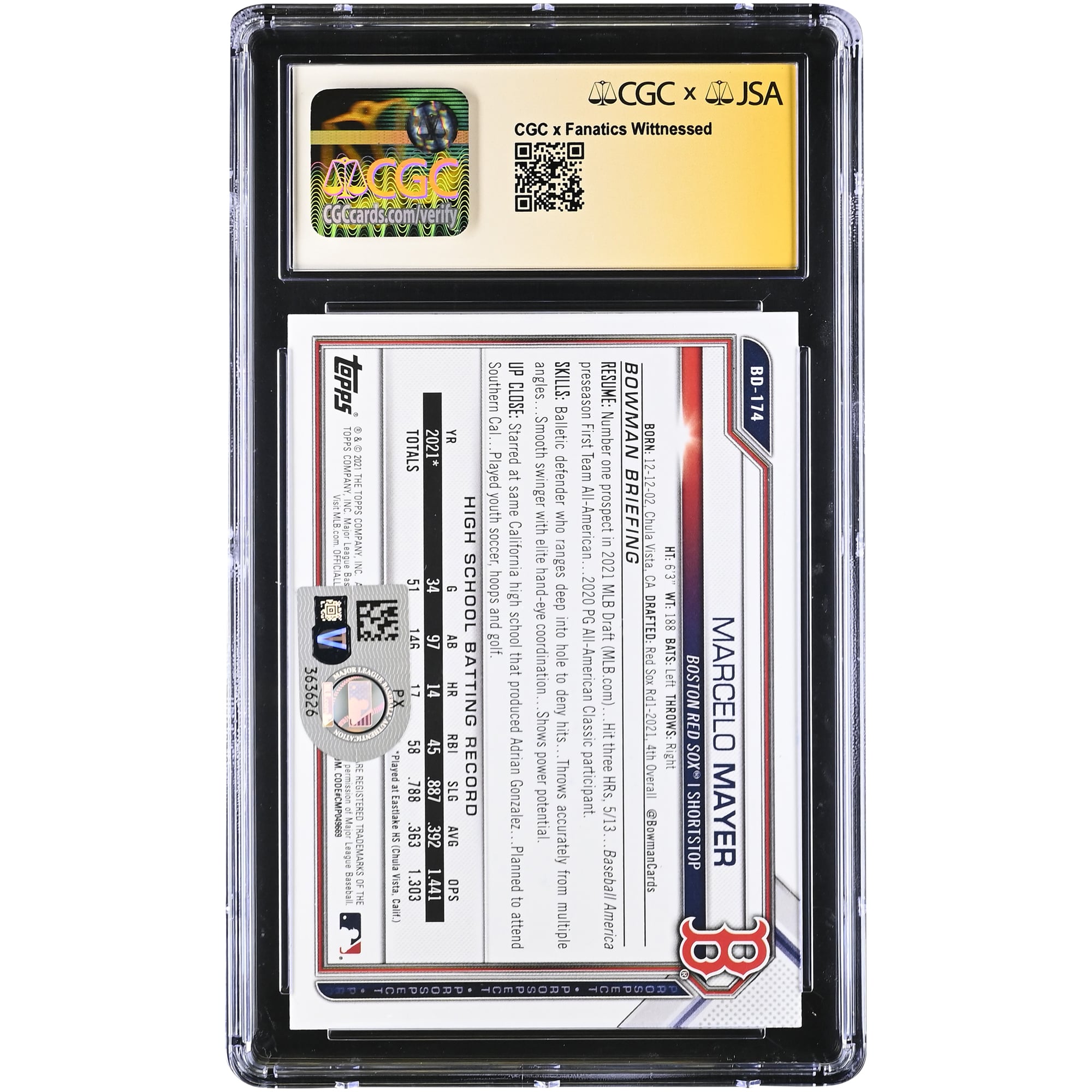 Carte autographiée de Marcelo Mayer (Red Sox de Boston), repêchage Bowman 2021, n° BD-174, authentifiée par CGC, état neuf (GEM MINT 10).