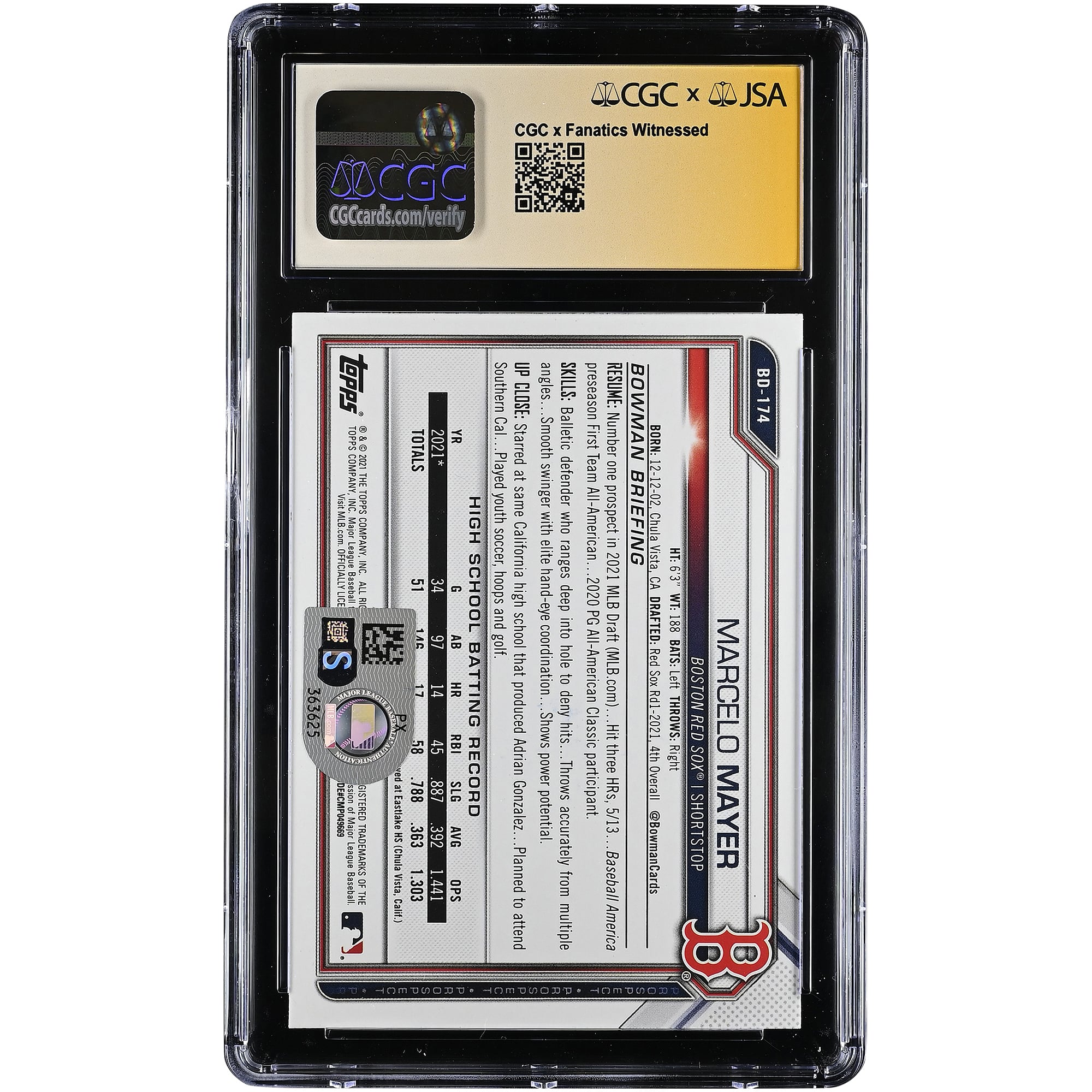Carte autographiée de Marcelo Mayer (Red Sox de Boston), numéro BD-174, collection Bowman Draft 2021, authentifiée par CGC (état neuf + 9,5).
