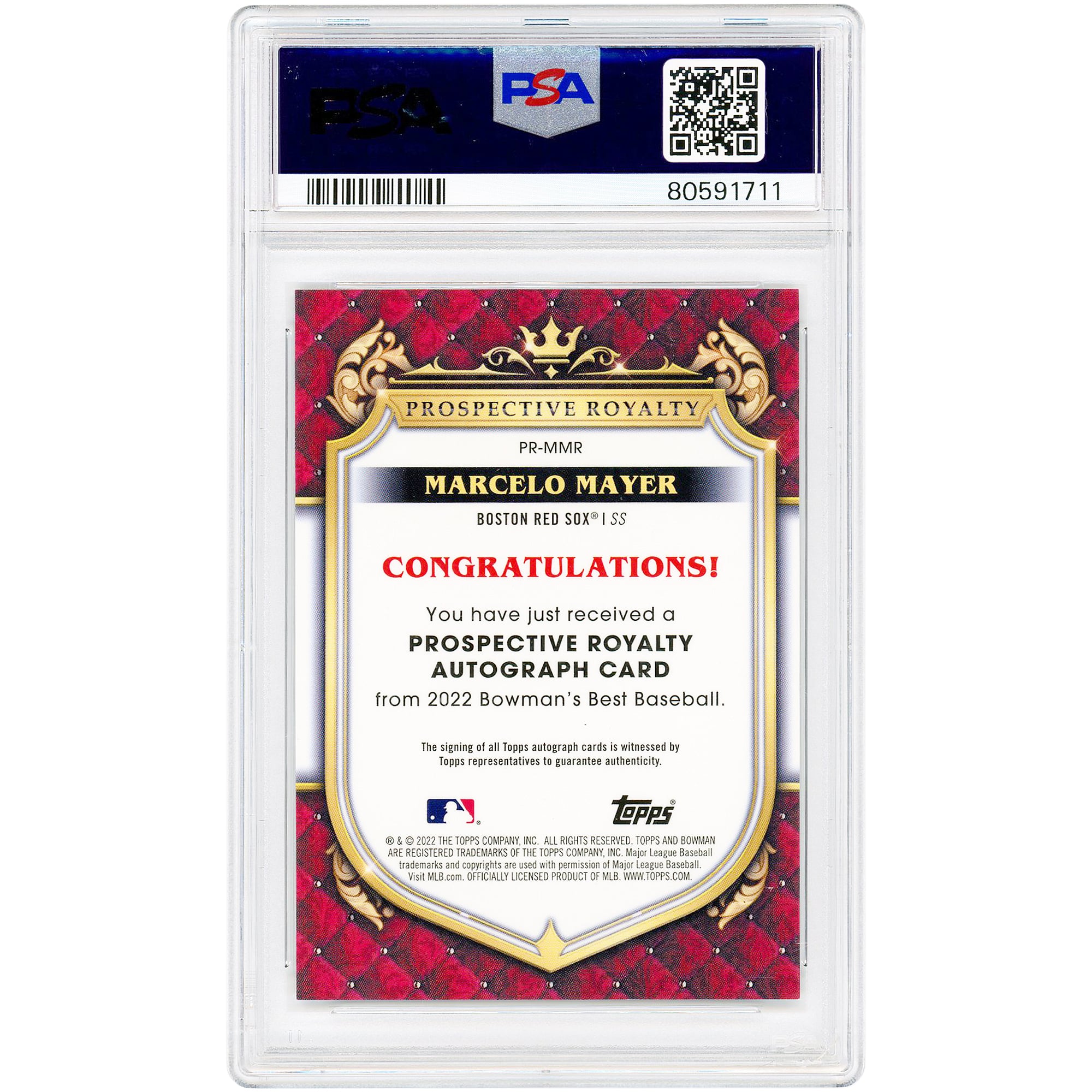 Marcelo Mayer Boston Red Sox Autographed 2022 Bowman Best Prospective Royalty #PR-MMR #22/150 PSA Authenticated 8/10 Card