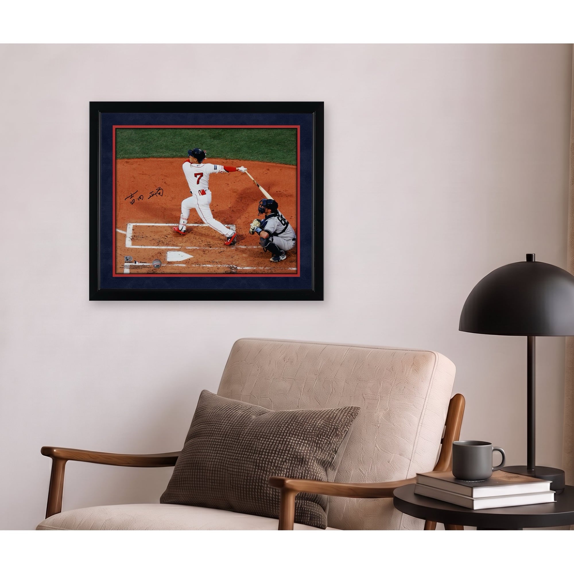Photo dédicacée par Masataka Yoshida, joueur des Red Sox de Boston, en maillot blanc (40 x 50 cm) - Signature en kanji