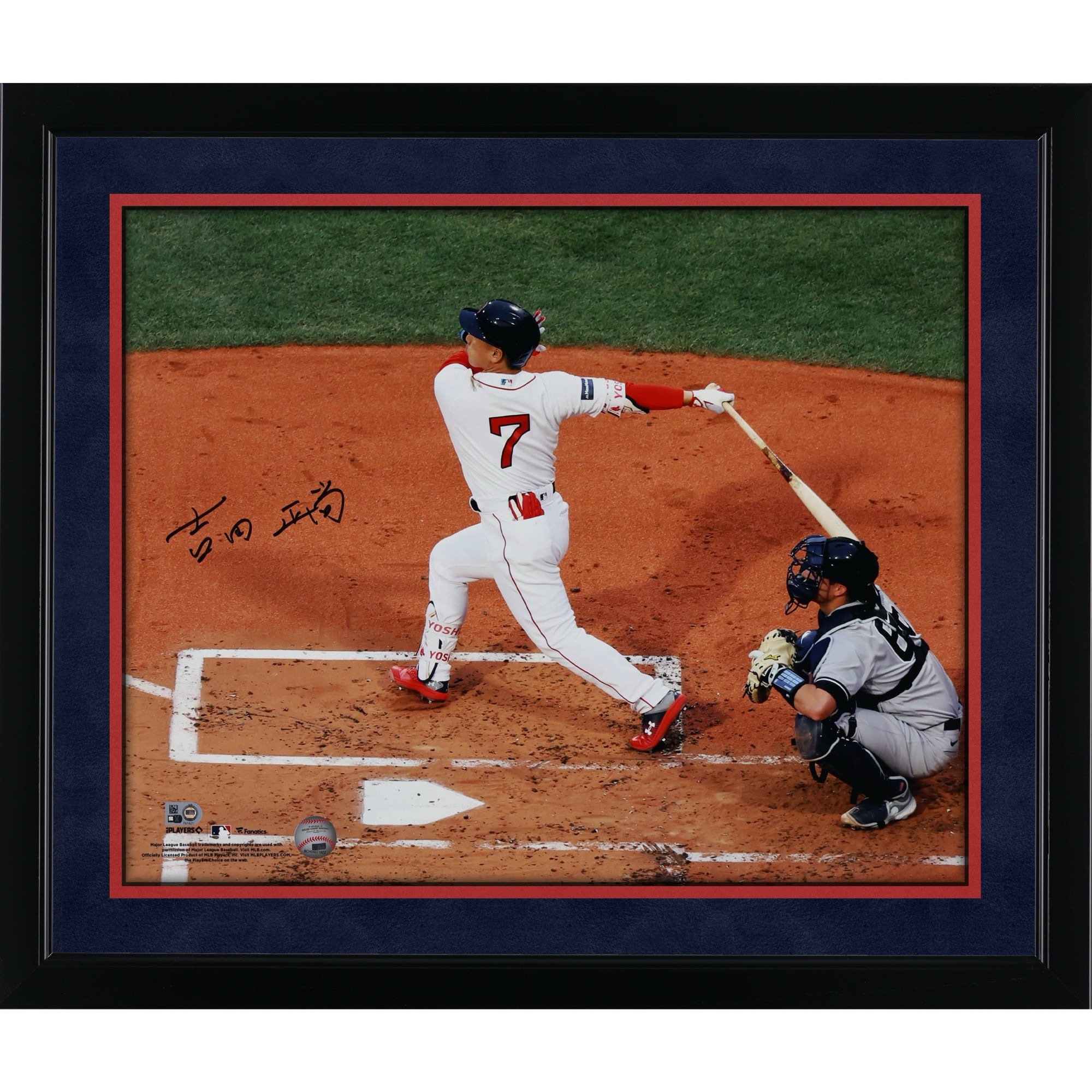 Photo dédicacée par Masataka Yoshida, joueur des Red Sox de Boston, en maillot blanc (40 x 50 cm) - Signature en kanji