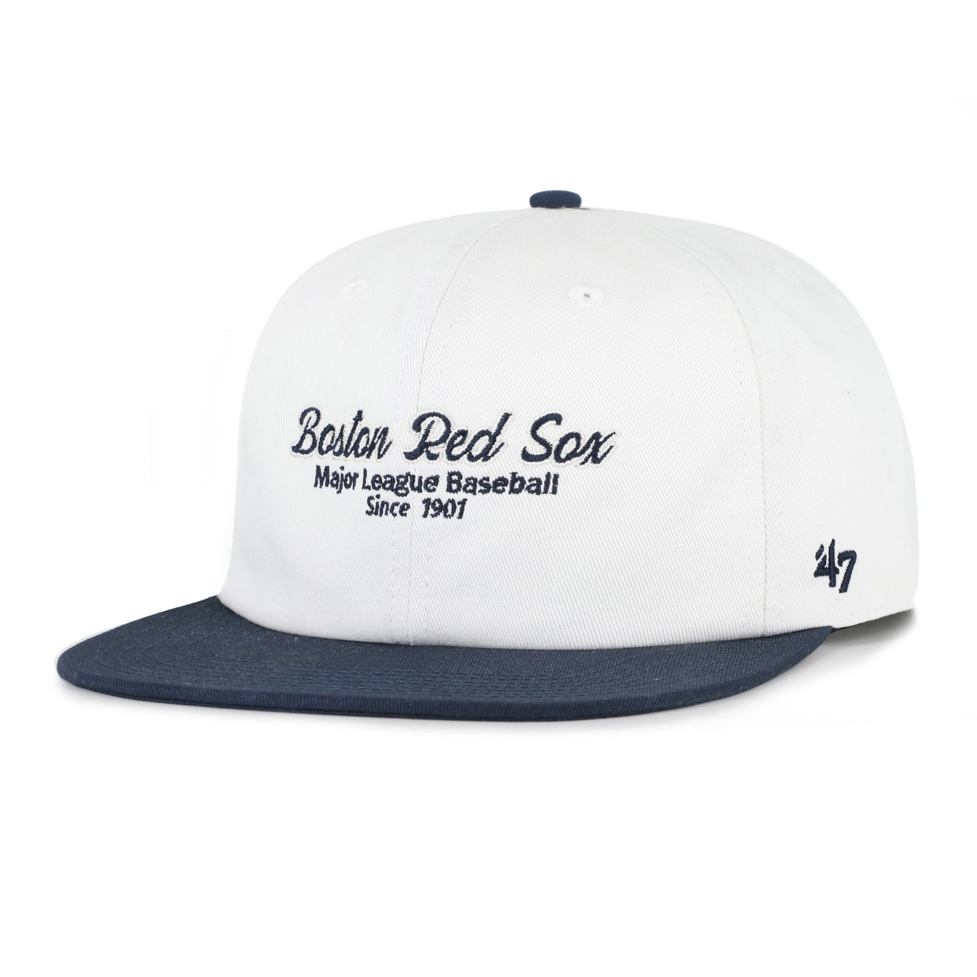 Men's '47 White/Navy Boston Red Sox Script Stack Relaxed Captain Snapback