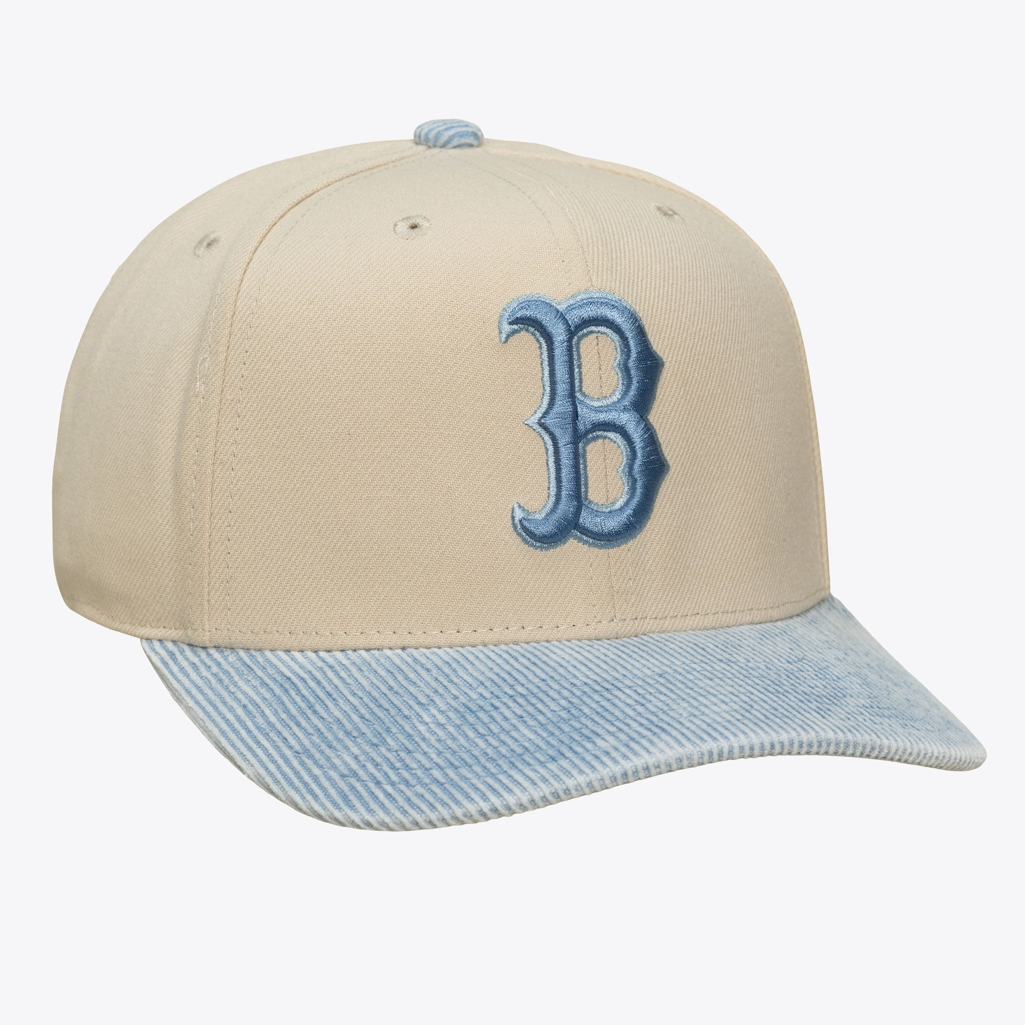 Casquette Mitchell & Ness Pro Crown Snapback crème/bleu clair pour homme, Boston Red Sox, en velours côtelé lavé.