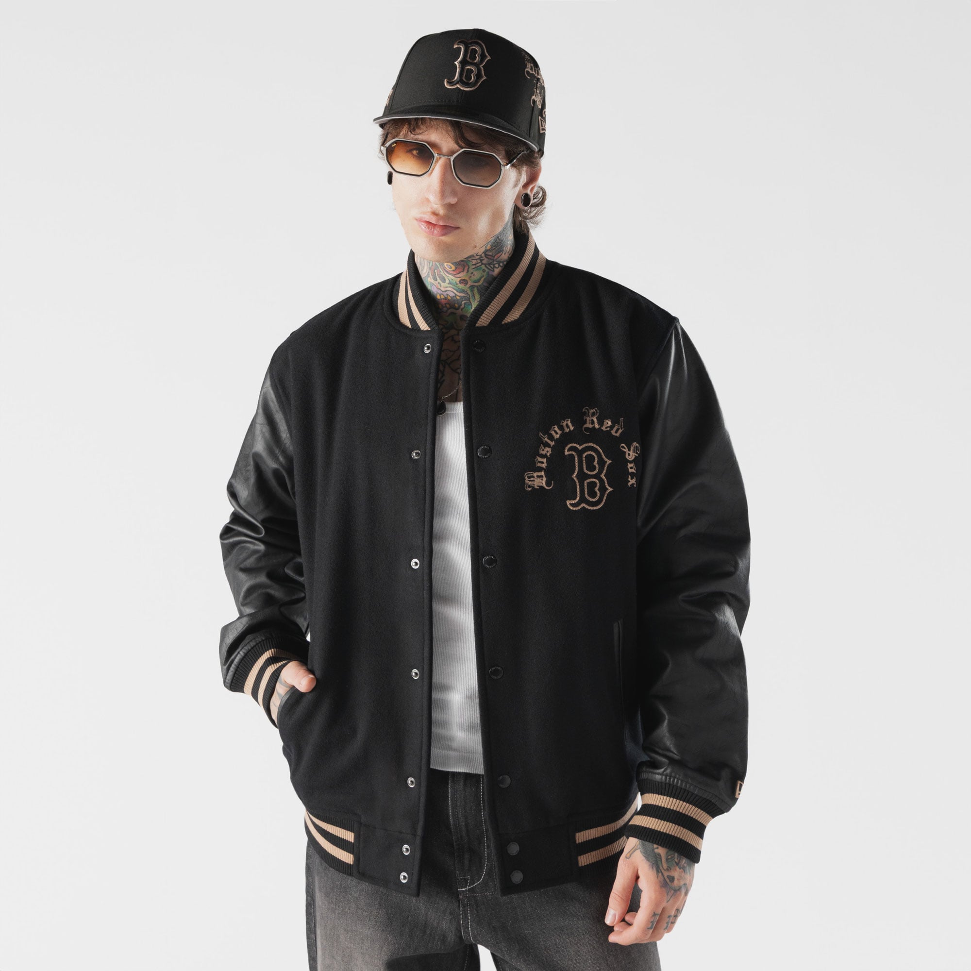 Men's New Era  Black Boston Red Sox Heritage Gothic Lettering Full-Snap Varsity Jacket