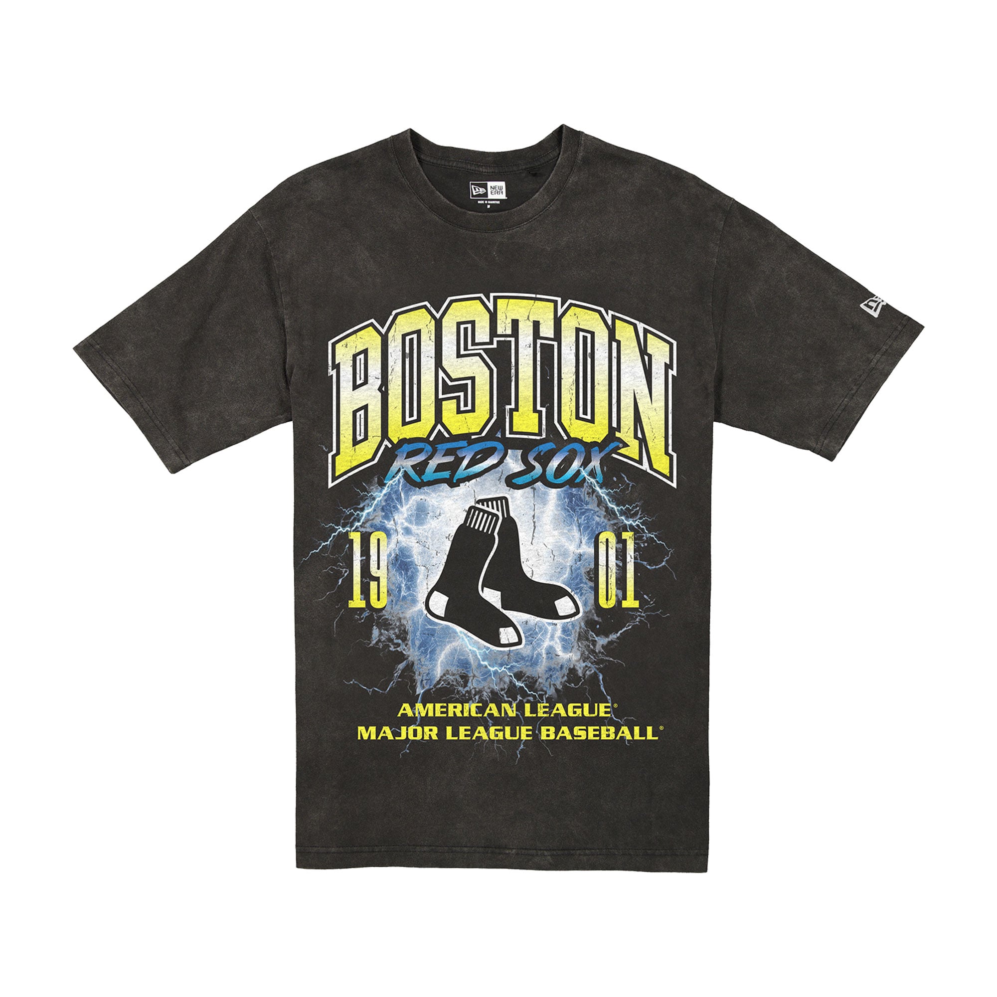 T-shirt New Era noir pour homme Boston Red Sox Lightning, motif rond, délavage minéral