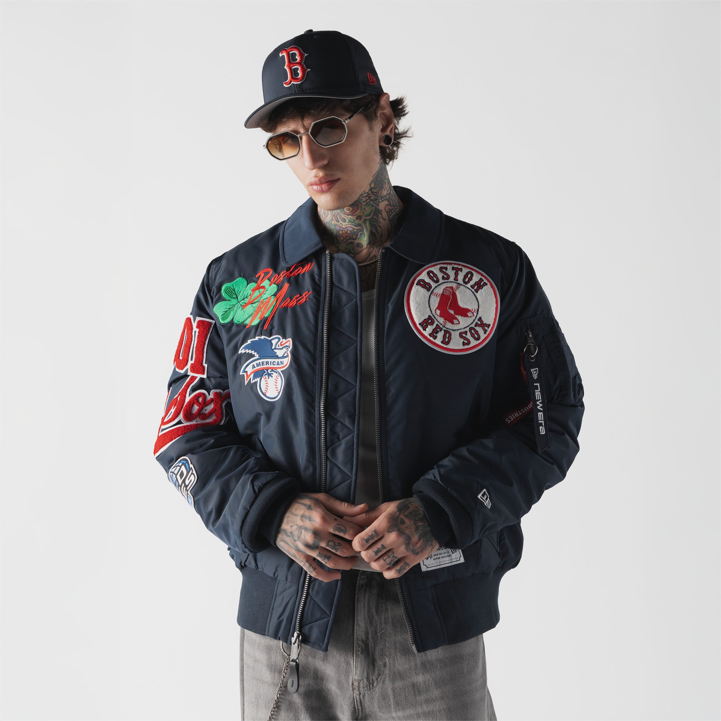 Veste bomber zippée intégrale New Era x Alpha Industries bleu marine Boston Red Sox MA-1 pour homme