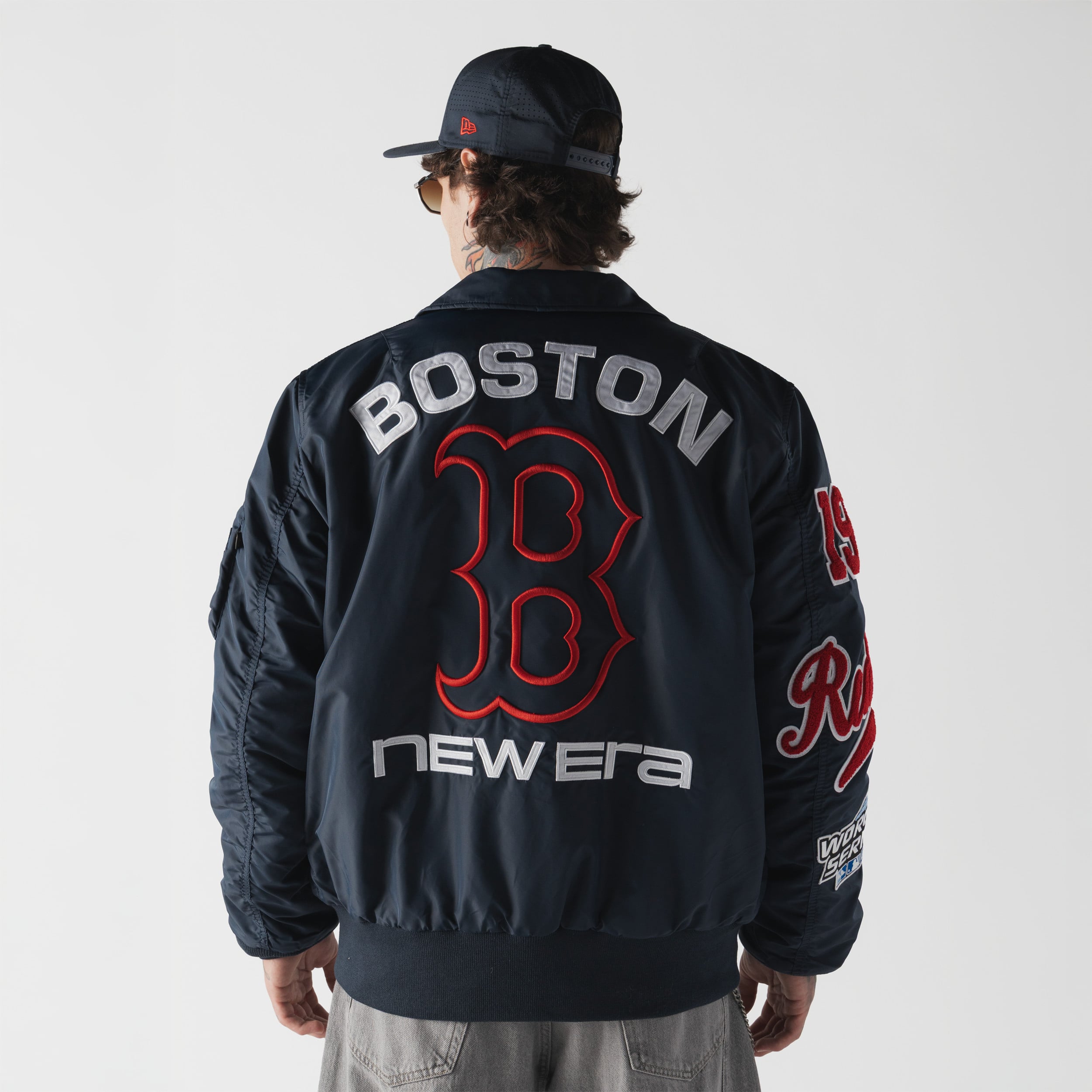 Veste bomber zippée intégrale New Era x Alpha Industries bleu marine Boston Red Sox MA-1 pour homme