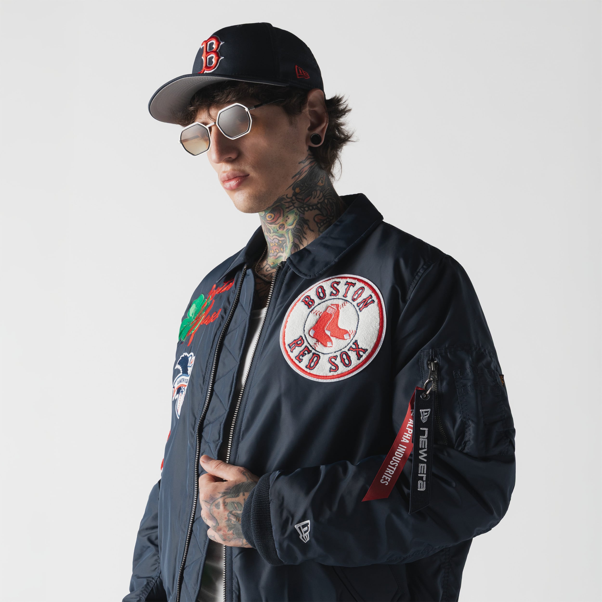 Veste bomber zippée intégrale New Era x Alpha Industries bleu marine Boston Red Sox MA-1 pour homme