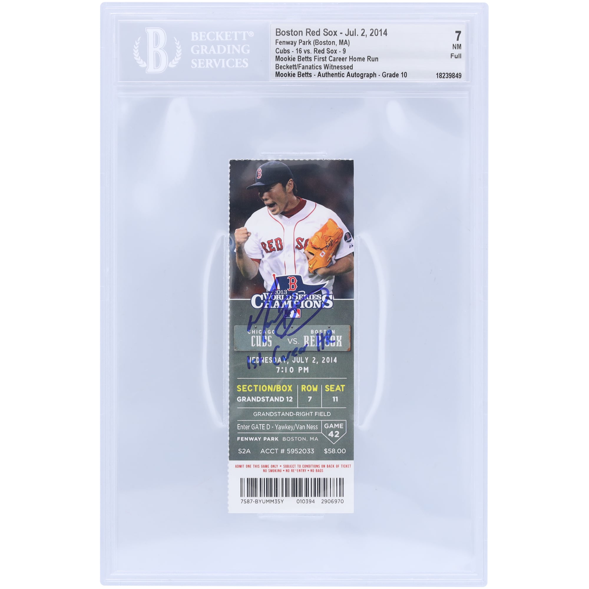 Mookie Betts Boston Red Sox Autographed 1st Career Home Run Beckett Fanatics Witnessed Authenticated 7/10 Ticket from July 2, 2014 with "1st Career HR" Inscription