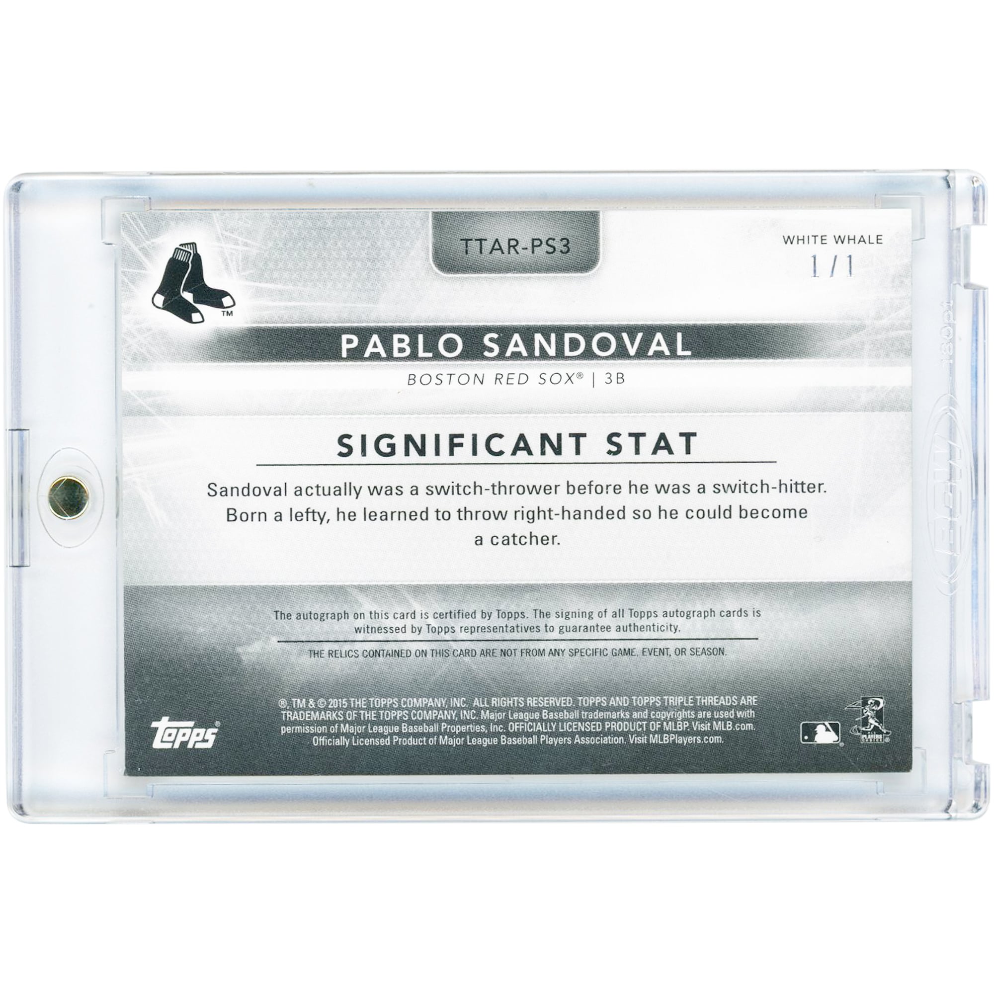 Carte autographiée Pablo Sandoval des Red Sox de Boston, édition 2015 Topps Triple Threads Yellow Printing Plate Tri-Color Relics #TTAR-PS3 #1/1
