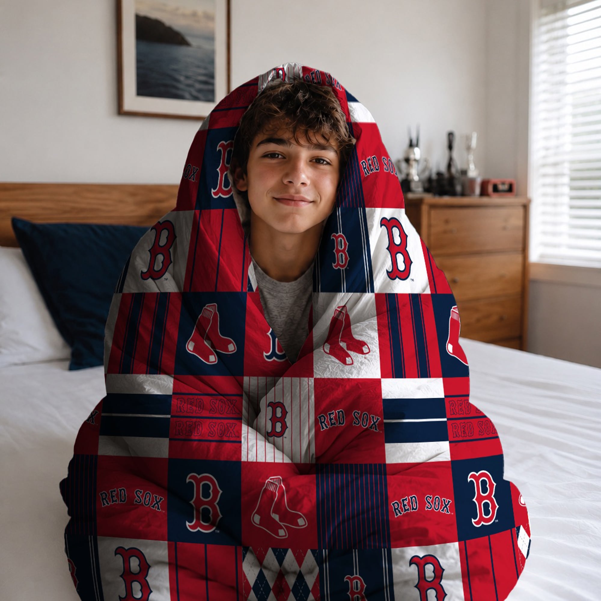 Ensemble de literie trois pièces Pegasus Boston Red Sox à carreaux patchwork, format grand/queen.