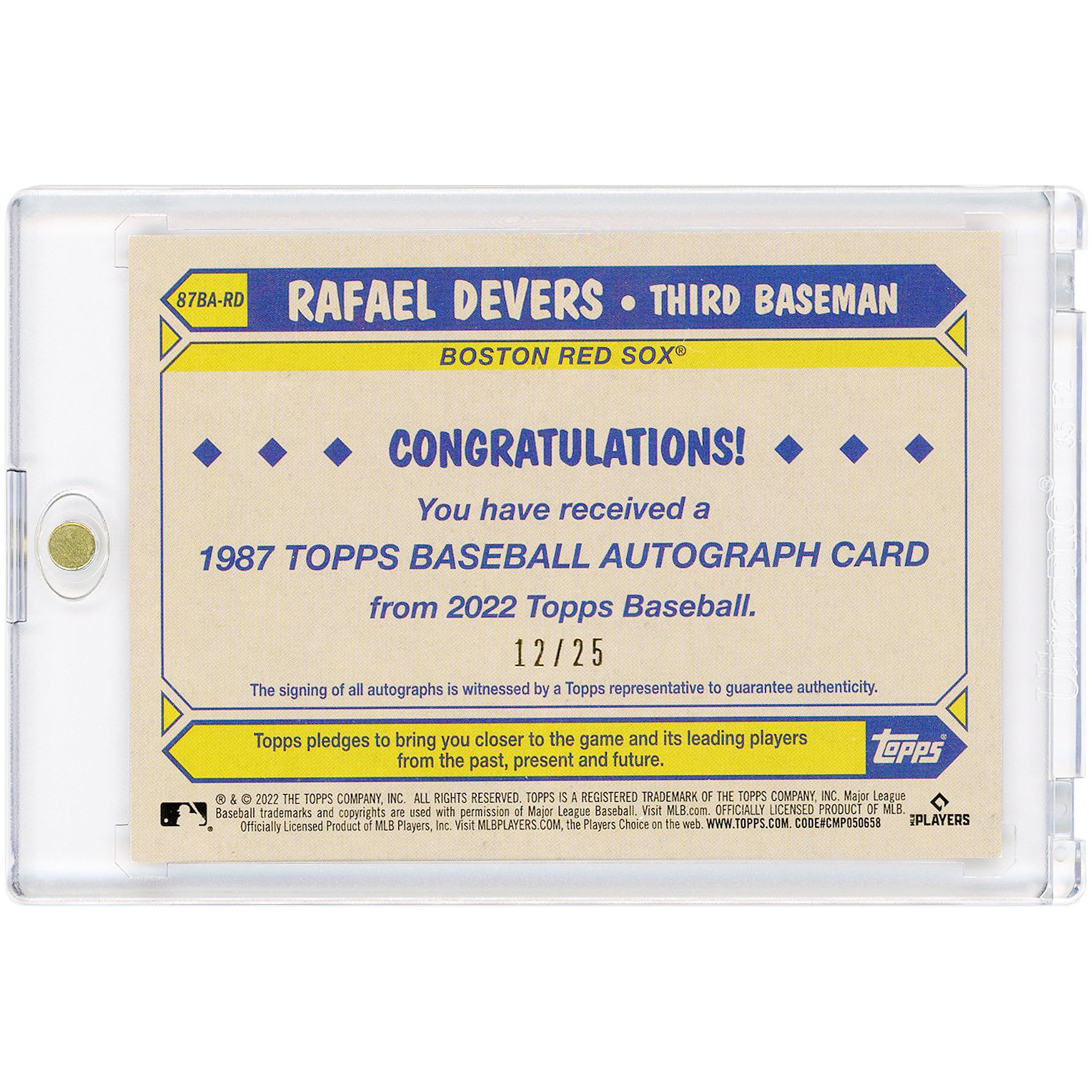 Carte autographiée de Rafael Devers (Red Sox de Boston), édition 2022 Topps, design Topps 1987, rouge, n° 87BA-RD, n° 12/25