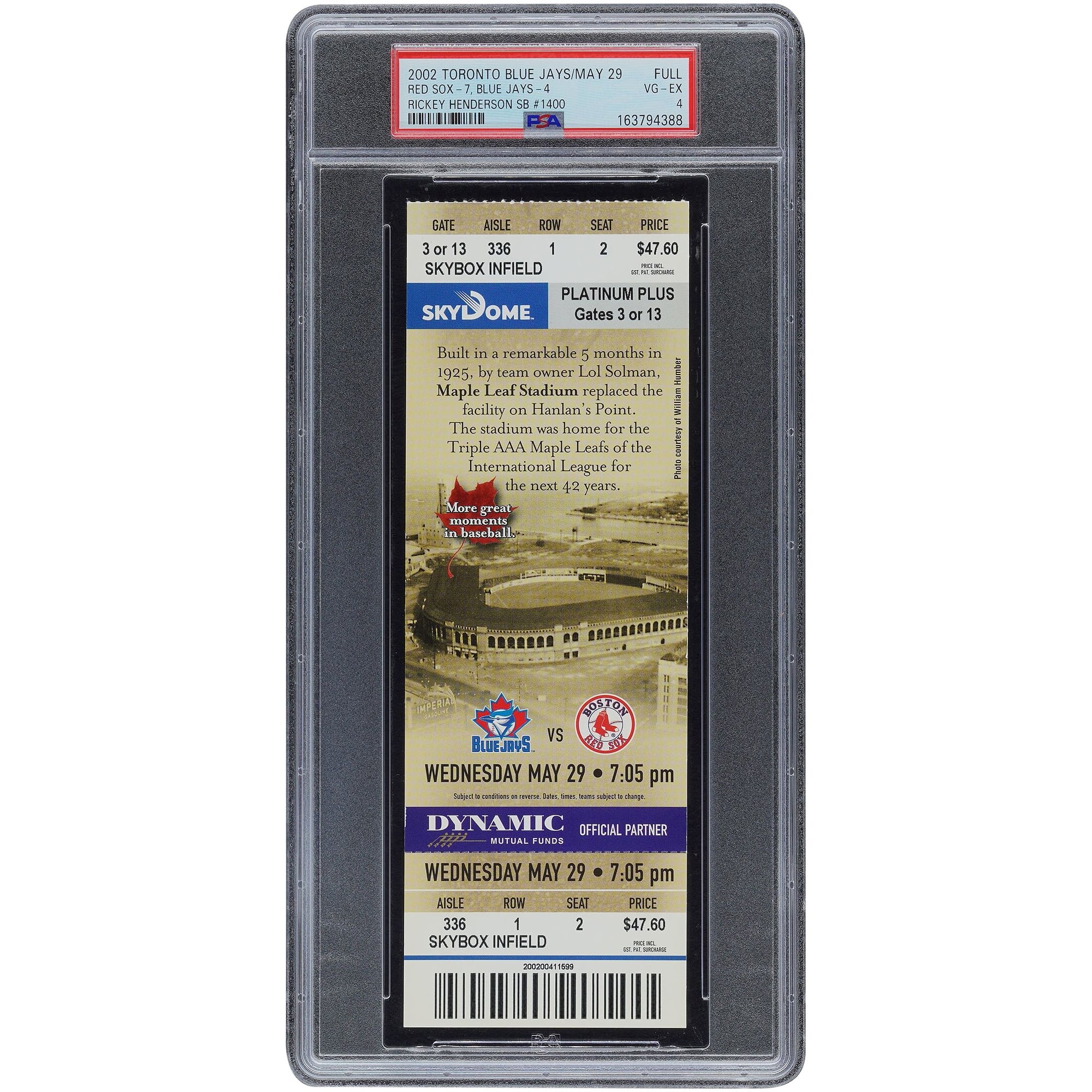 Rickey Henderson Boston Red Sox May 29, 2002 Stolen Base #1400 PSA Authenticated 4 Ticket