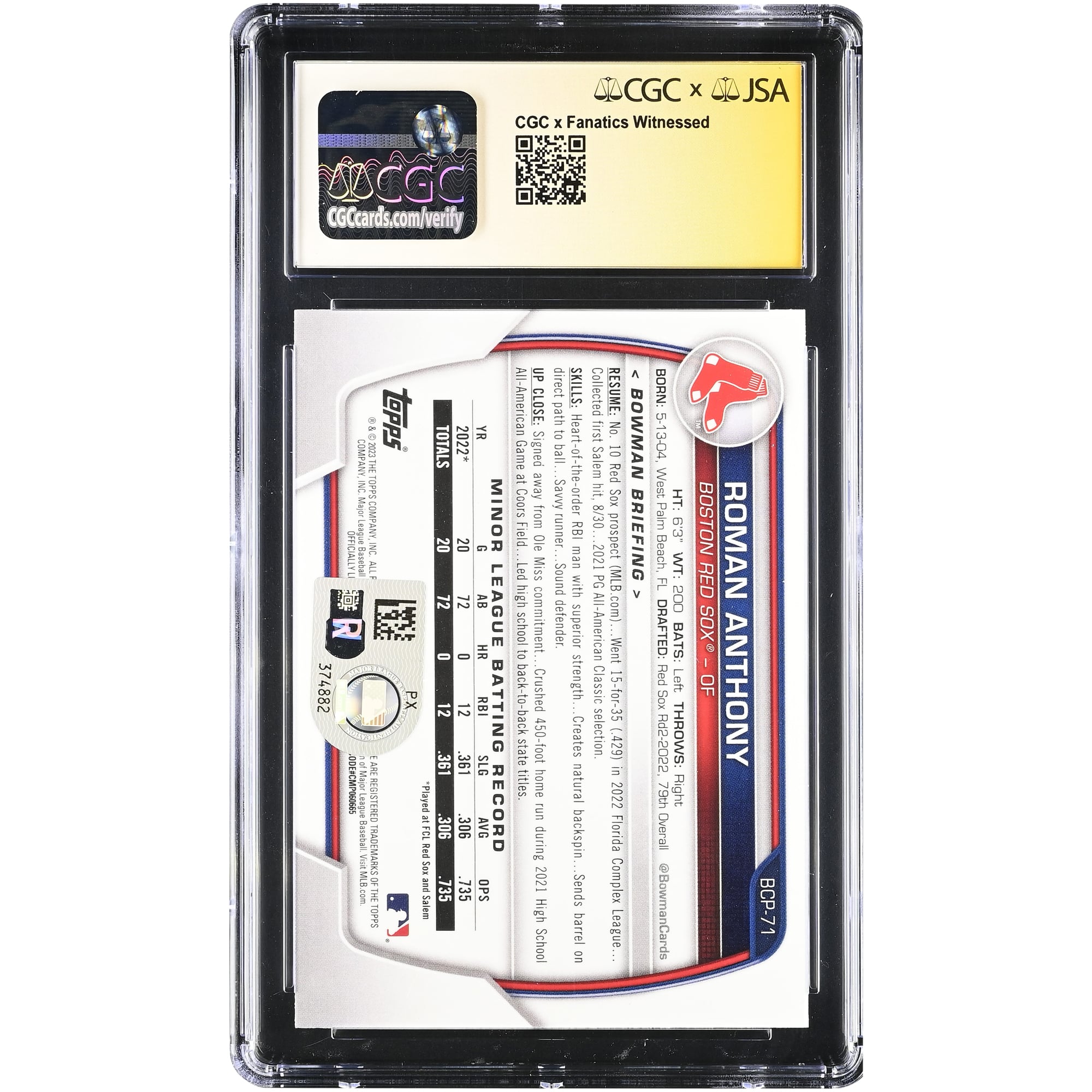 Roman Anthony Boston Red Sox Autographed 2023 Bowman Chrome Prospects #BCP-71 CGC Authenticated /10 Card