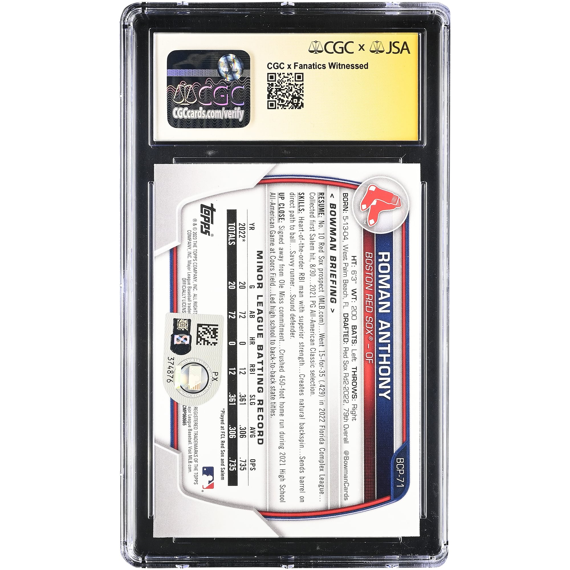 Carte autographiée par Roman Anthony des Red Sox de Boston, collection Bowman Chrome Prospects 2023, numéro BCP-71, authentifiée par CGC (note 9,5/10).