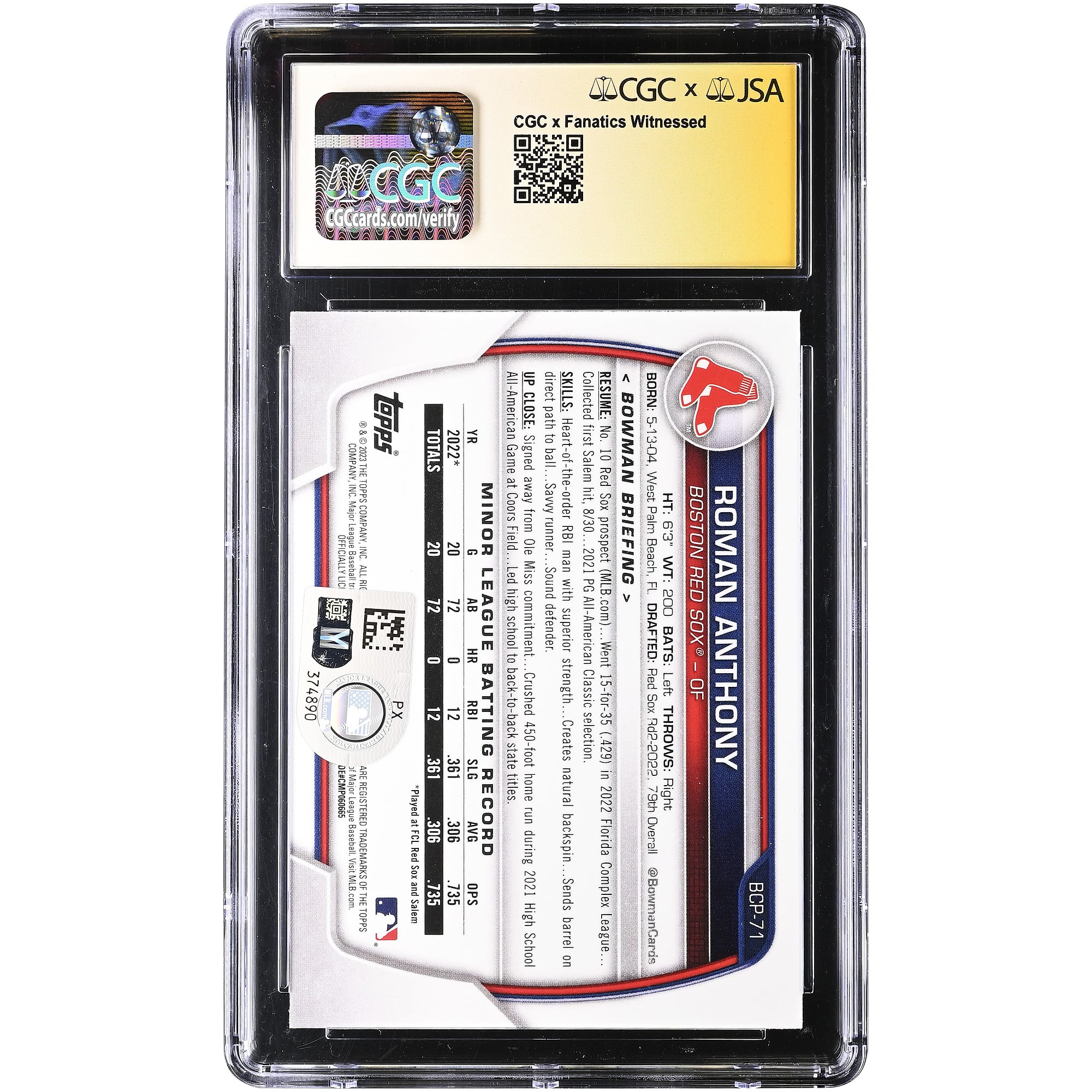 Roman Anthony Boston Red Sox Autographed 2023 Bowman Chrome Prospects #BCP-71 CGC Authenticated Auto 10 Card