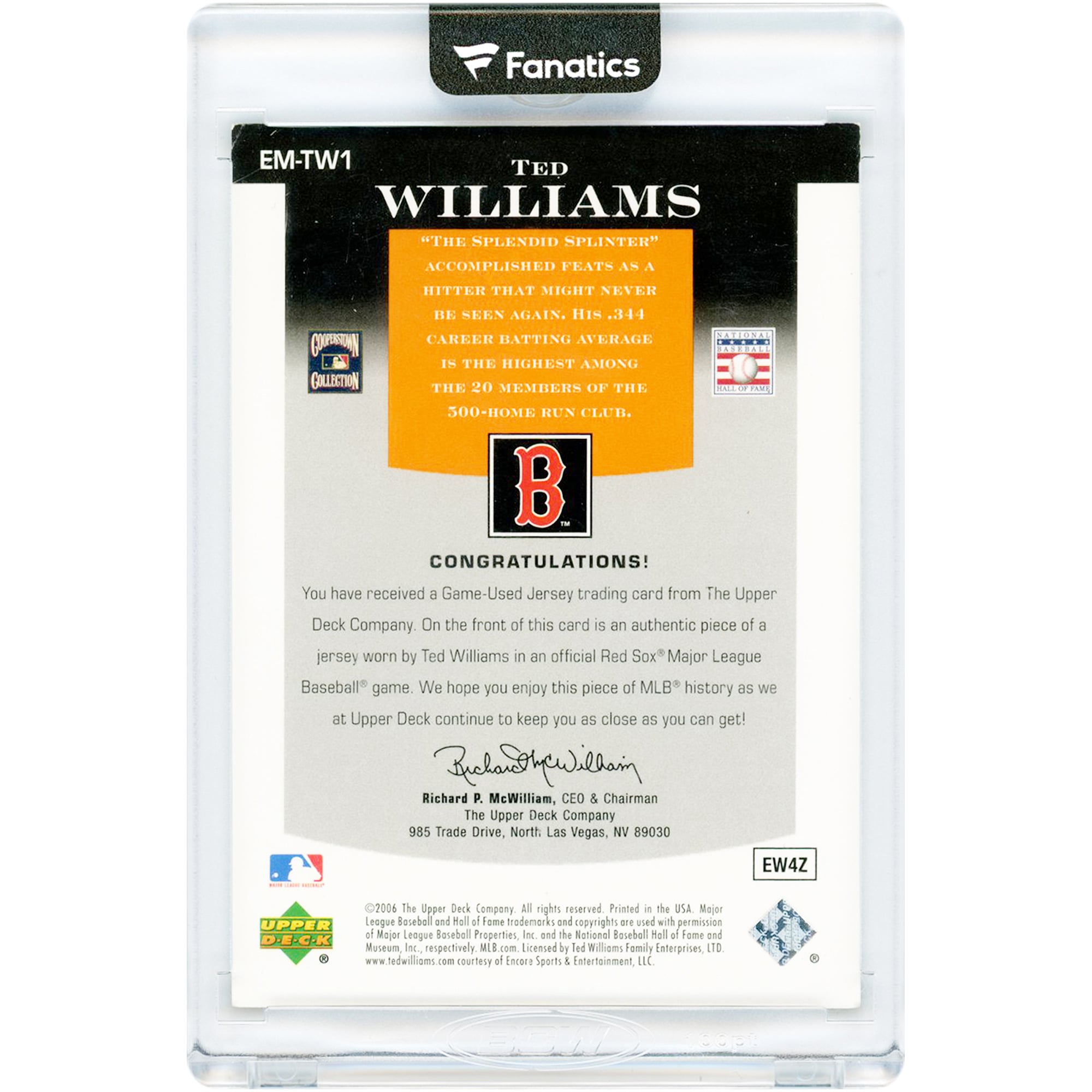 Carte Ted Williams Boston Red Sox 2006 Upper Deck Epic Materials Game Used Jersey Relic #EM-TW1 #26/125