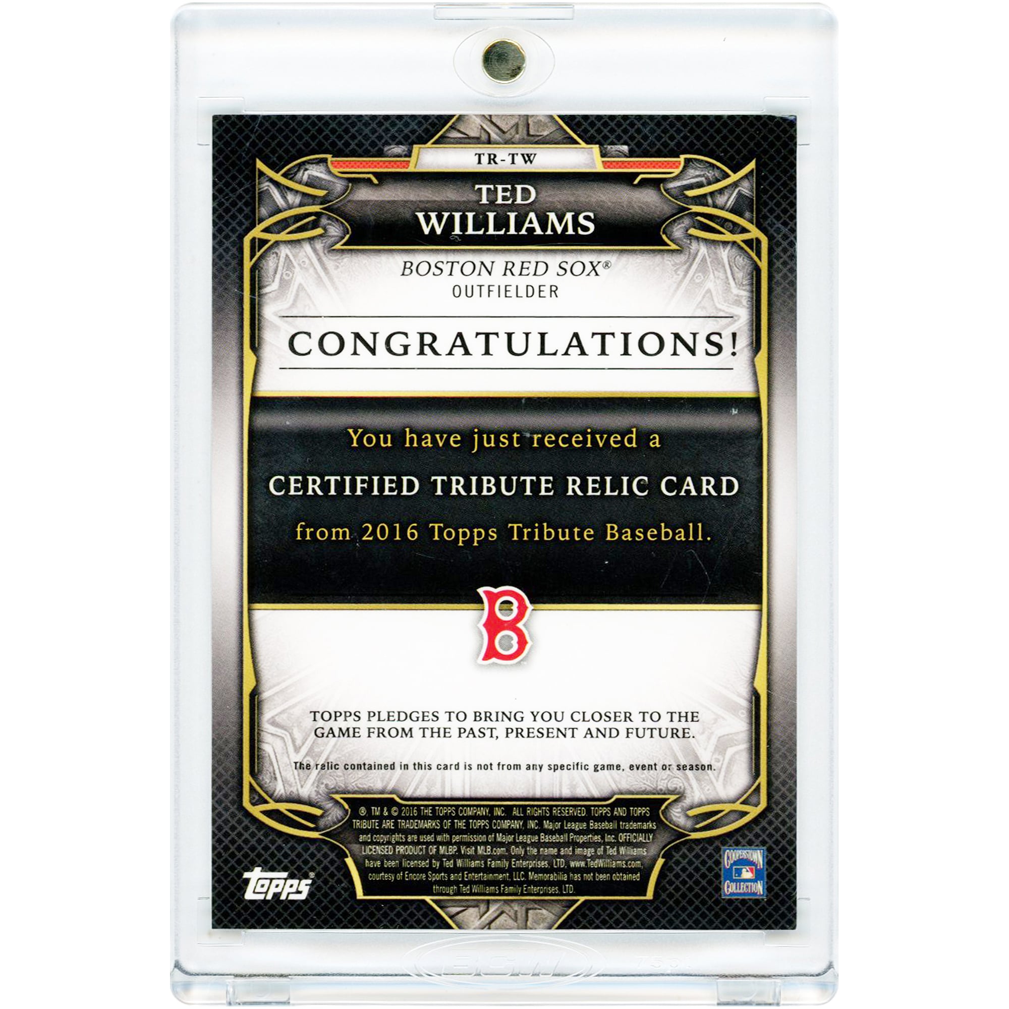 Ted Williams Boston Red Sox 2016 Topps Tribute Certified Tribute Game Used Jersey Relic #TR-TW #136/199 Card
