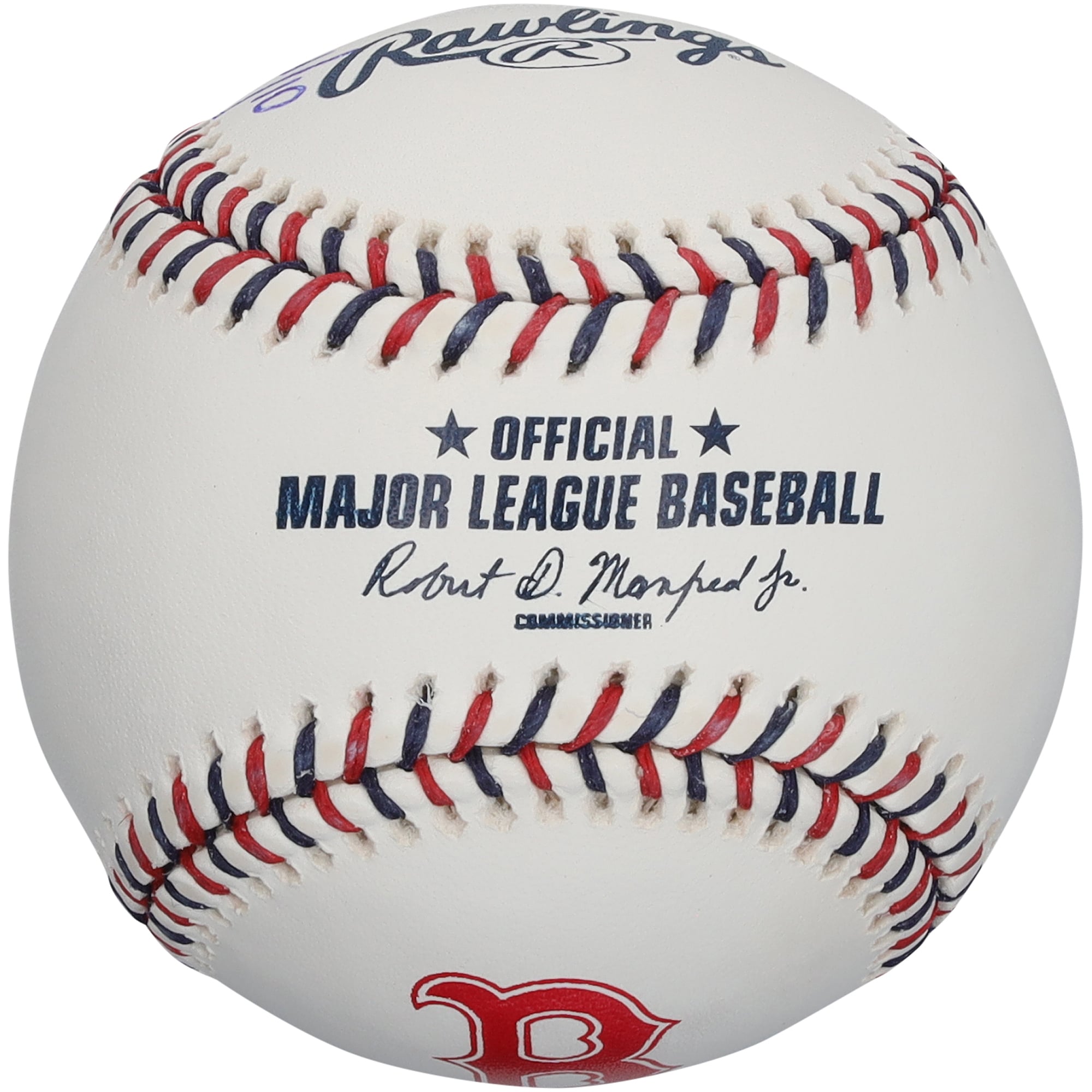 Balle de baseball autographiée par Tom Brady des Red Sox de Boston, lacets aux couleurs de l'équipe et inscription « Boston Strong
