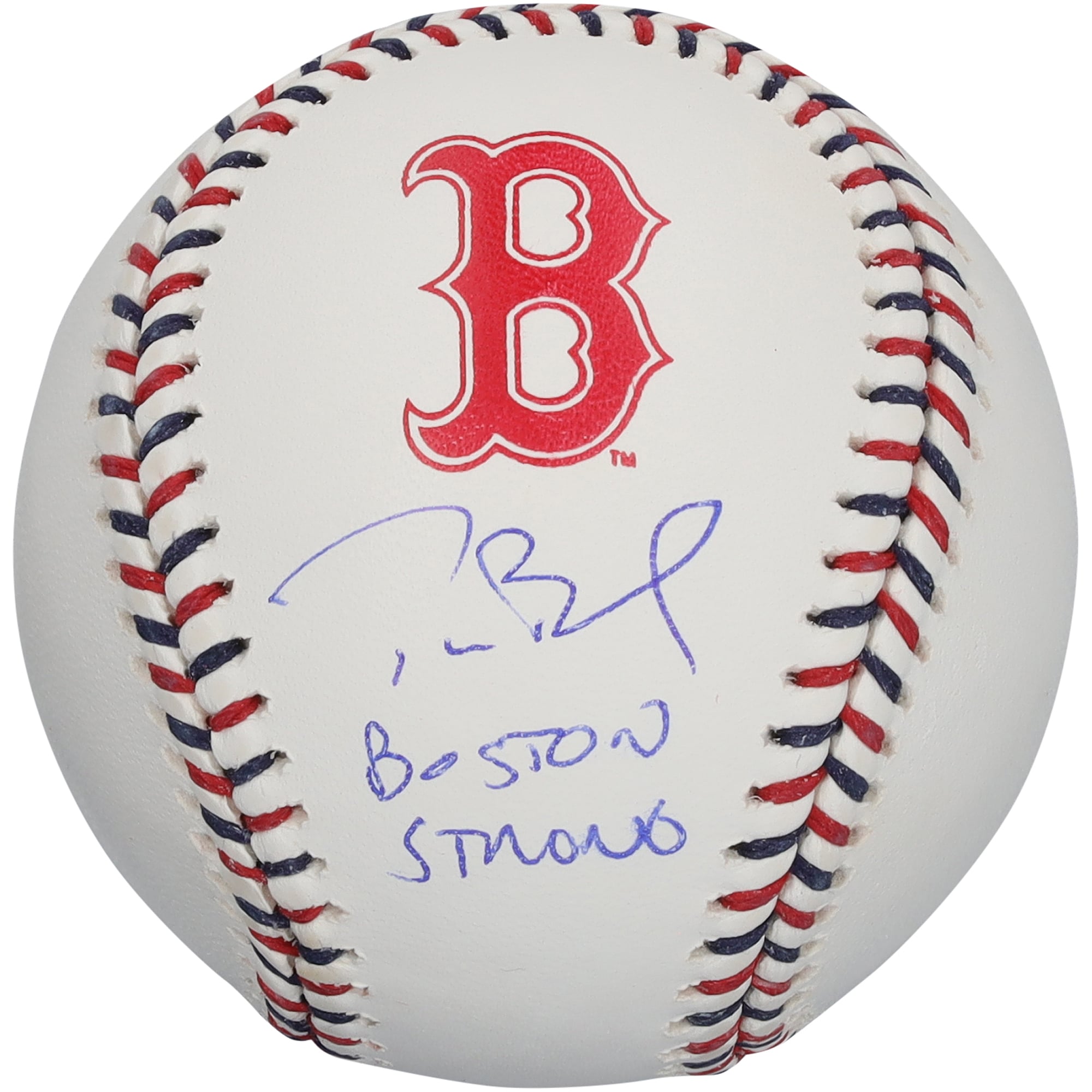 Tom Brady Boston Red Sox Autographed Team Color Laces Baseball with "Boston Strong" Inscription