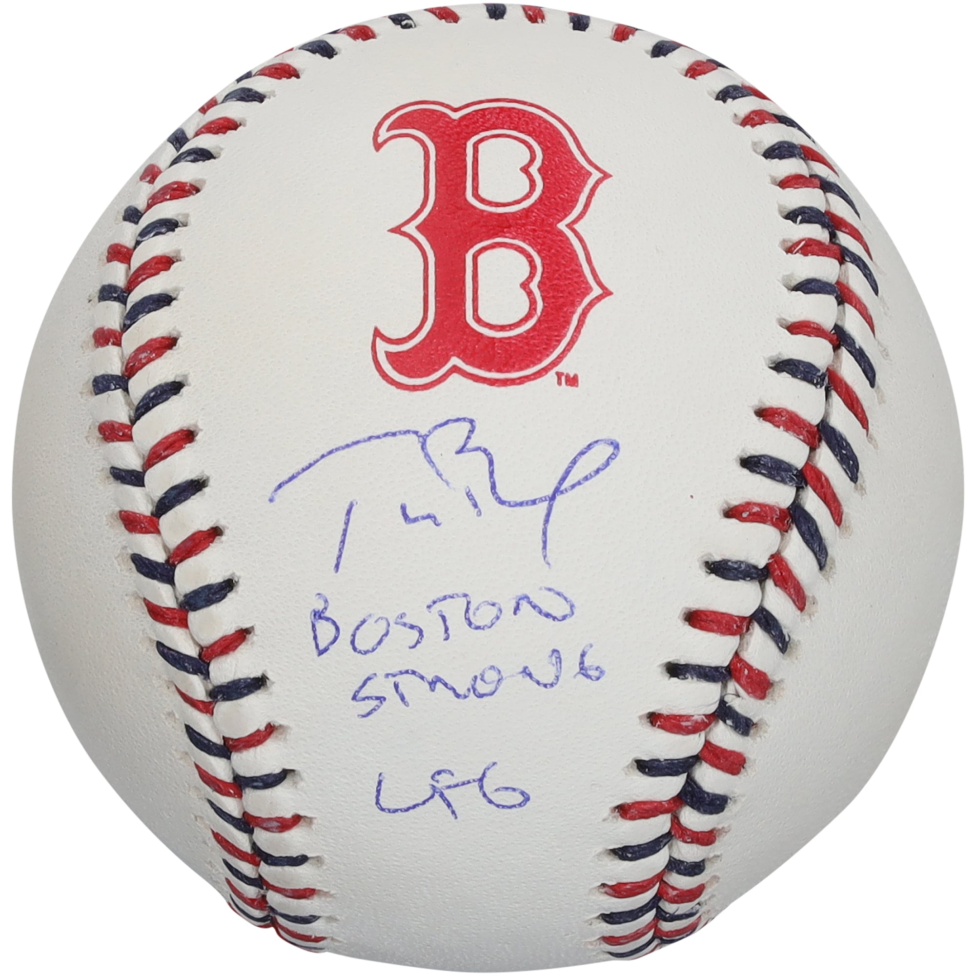 Balle de baseball autographiée par Tom Brady des Red Sox de Boston, lacets aux couleurs de l'équipe et inscriptions multiples
