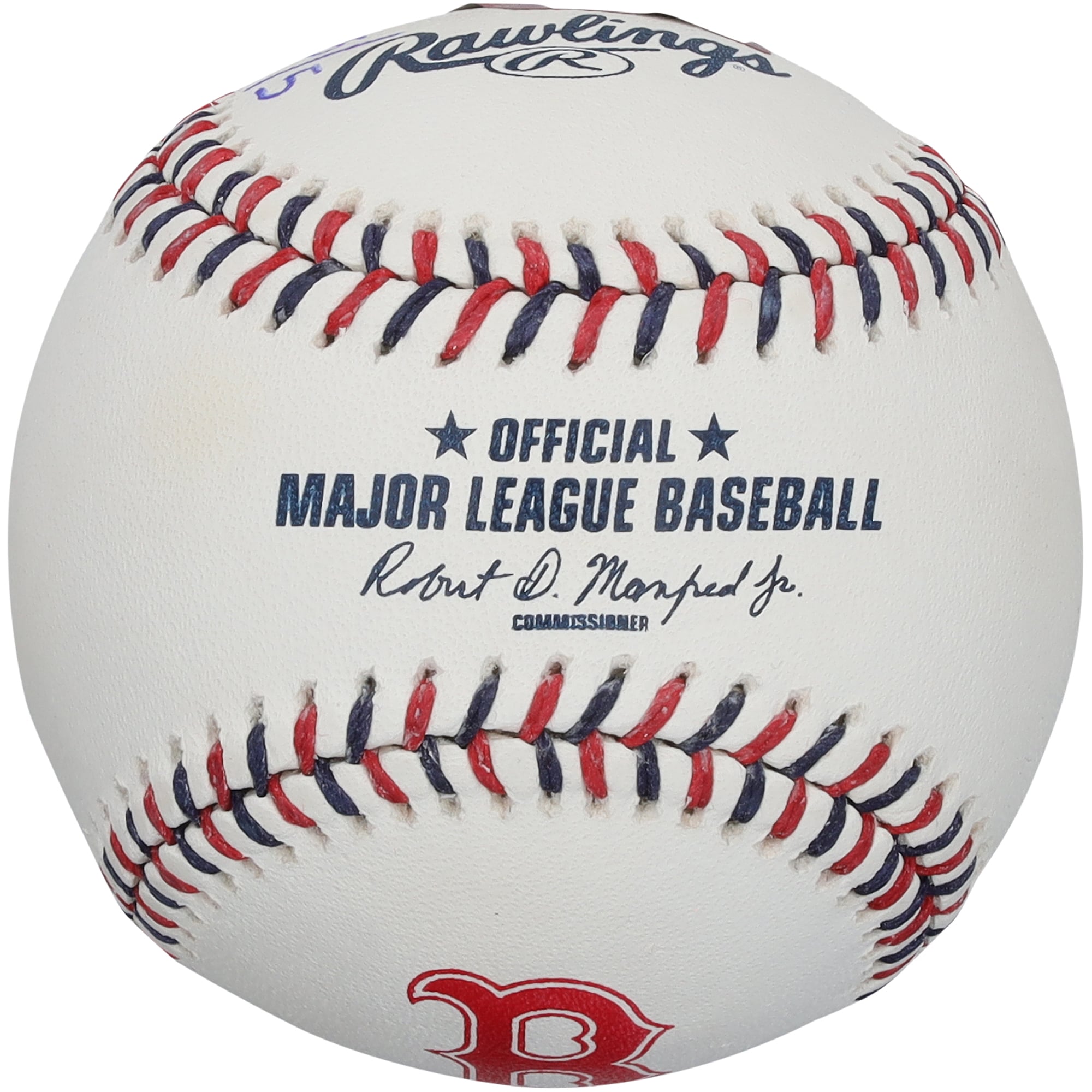 Balle de baseball autographiée par Tom Brady des Red Sox de Boston, lacets aux couleurs de l'équipe et inscriptions multiples