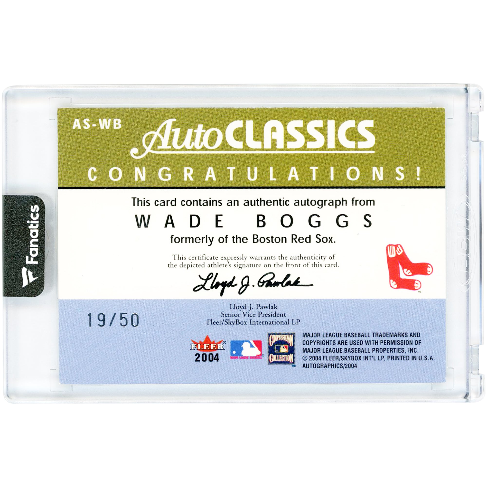 Wade Boggs Boston Red Sox Autographed 2004 Fleer Skybox AutoClassics #AS-WB #19/50 Card
